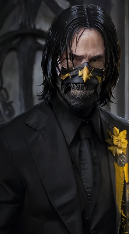 a photo of (( john wick  )) as ((Scorpion)) from Mortal Kombat, yellow and black ninja outfit, (skull-like mask), kunai on a chain, Intricate, High Detail, Sharp focus, dramatic, photorealistic painting art by greg rutkowski