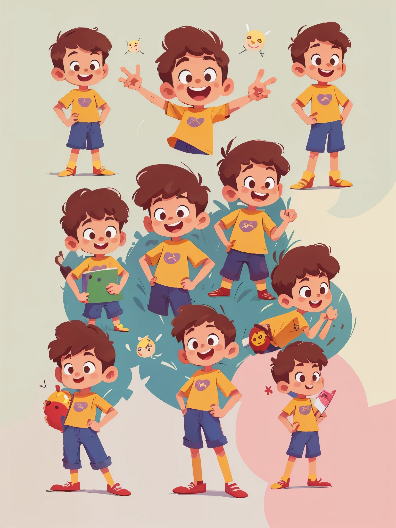 pixel character of a boy de 3 anos with different poses and poses, macbook pro, Sticker, pixel concept art, different emoji said, very stylized character design, stylized character design, highly detailed character design, childrens art in artstation, character design, disney character style, happy, smile, concept art of single boy, animated character design, high quality character design, character exploration, great character design, in style of disney animation, character illustration