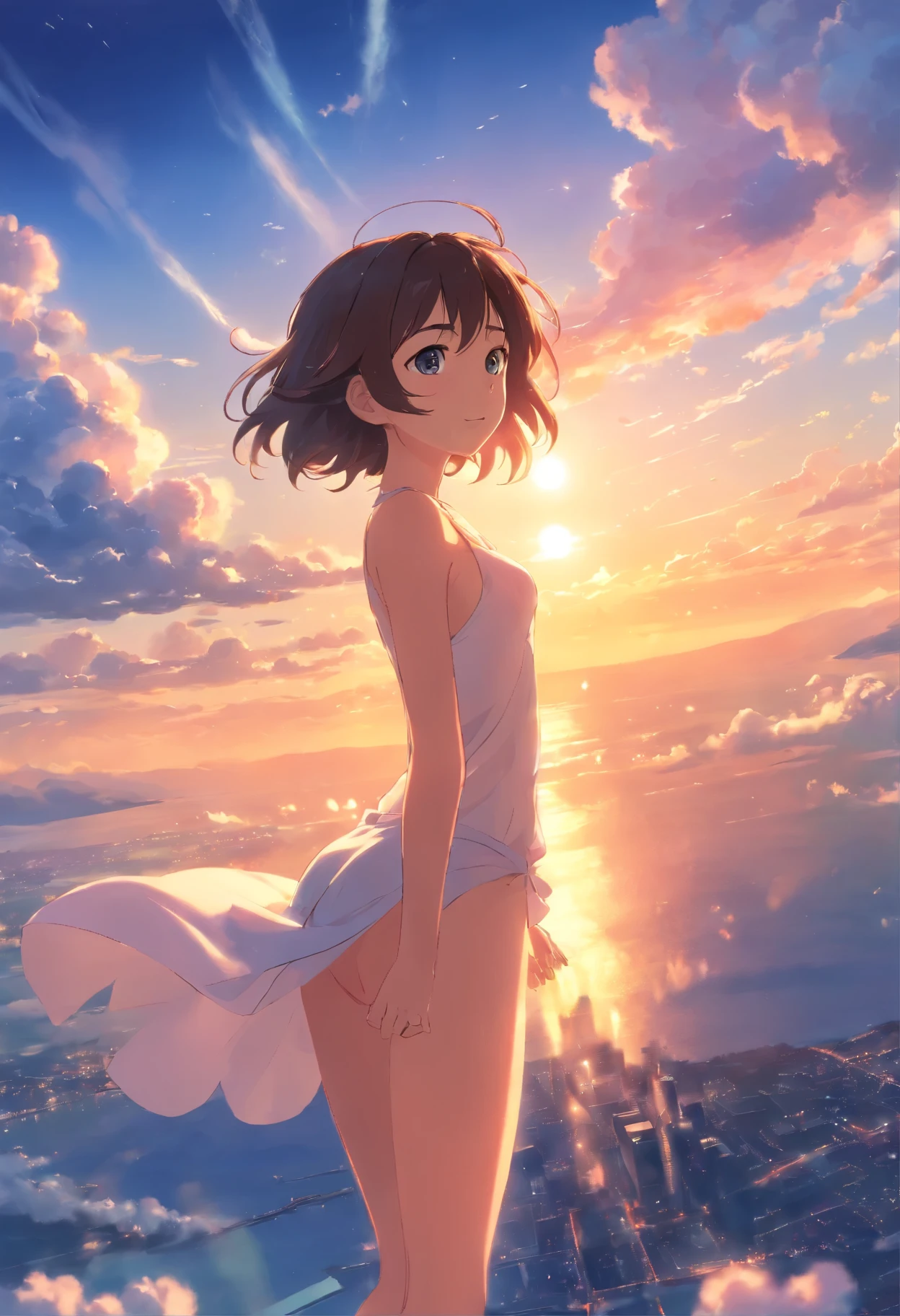 masterpiece, best quality, movie still, 1girl, cloud girl,perfect body, naked, floating in the sky, close-up, bright, happy, warm soft lighting, sunset, (sparks:0.7)