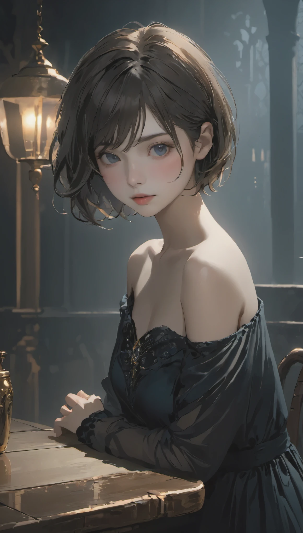 (highest quality, Tabletop:1.2, 超A high resolution, Realistic:1.5), RAW Photos, One Girl, Off the shoulder, In the Dark, Deep Shadow, Low lighting, Cool tones, Captivating Gaze, short hair, Foggy atmosphere, Mysterious atmosphere, Subtle highlights, Dramatic contrast, Graceful pose, Intense emotions, Heavenly Beauty, enchanting darkness, Captivating Expressions