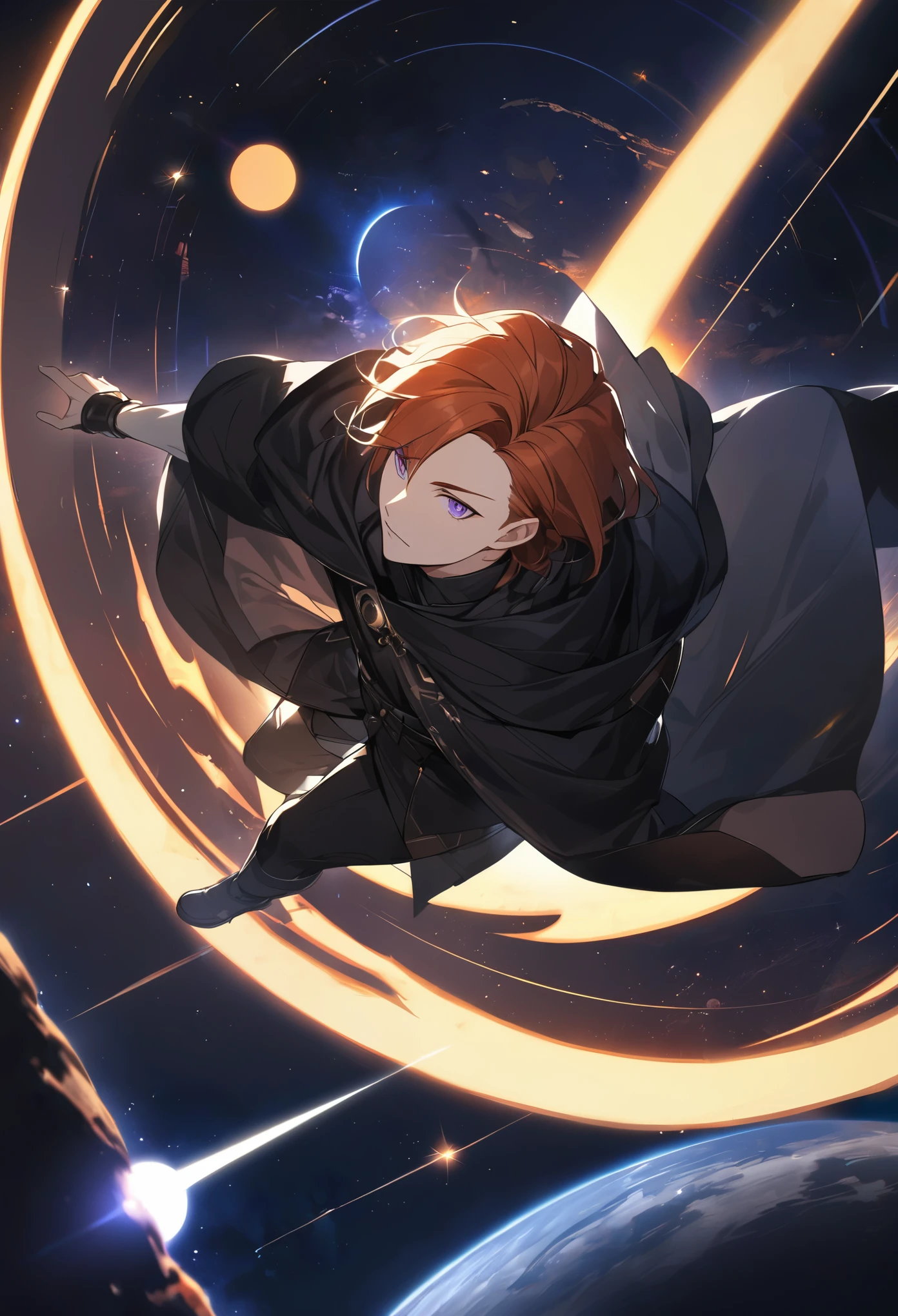 solo, male, dark orange hair, purple eyes, solar eclipse, black cloak, dark clothes, galaxies, ray trancing, from above