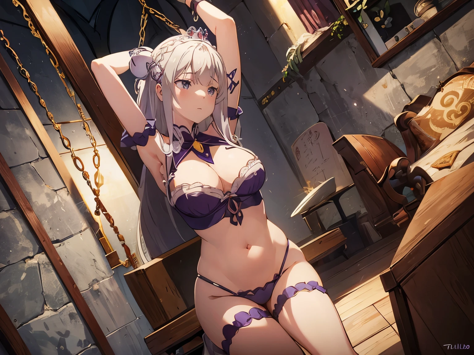 tickling, 1 girl, Emilia re:zero, purple eyes, Emilia, crown braid, x hair ornament, flower hair ornament, white hair, long hair, medium breasts,