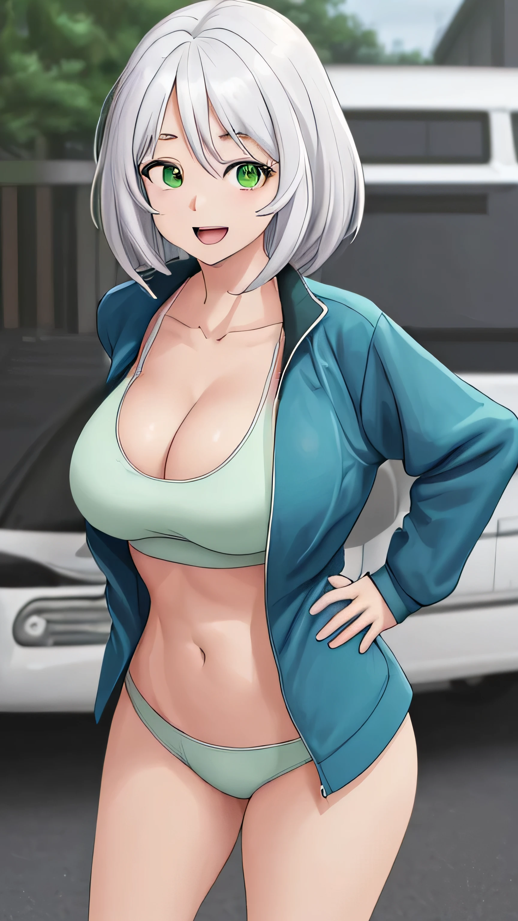 (((masterpiece))),fuyumi itadori, Anime girl characters, 1girl, solo, looking at viewer, medium hair, white hair,green eyes, long sleeves, cleavage, bigger breasts, open mouth, collarbone, jacket, open clothes, open jacket, blue jacket, ground vehicle, sports bra, tall girl, horny, big ass, beautiful face,Charming, Tight-fitting clothing, hd picture, 4k quality, details of the face is so good, cute picture, smile face, Flirting,All bodies visible, Standing pose,stand, 