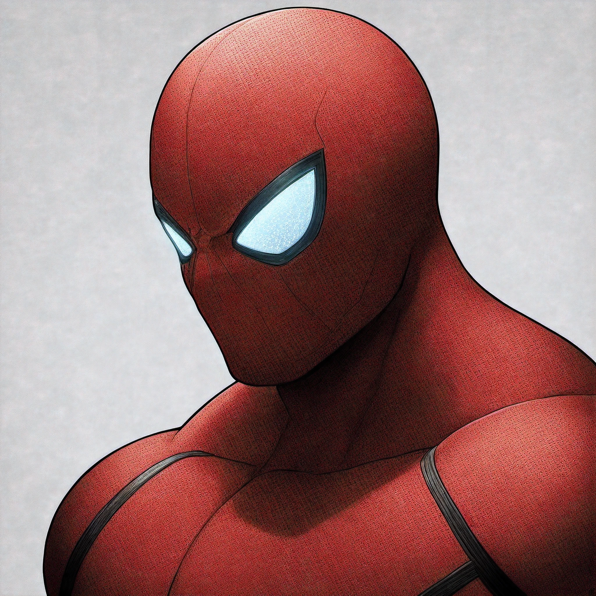 anime characters：Spider-Man, Muscular Spider-Man, male focus, No Spider-Man Logo, Upper body, Buzz Cut, eyes are sad shape, aged leather texture, He wears a black tights, small grid texture, spiderman mask, Spider-Man logo, muscular male, Extra large breasts, only, alone, White background, simple background, amazing quality, best aesthetics, Ridiculous, crew cut, drop shadow, best quality