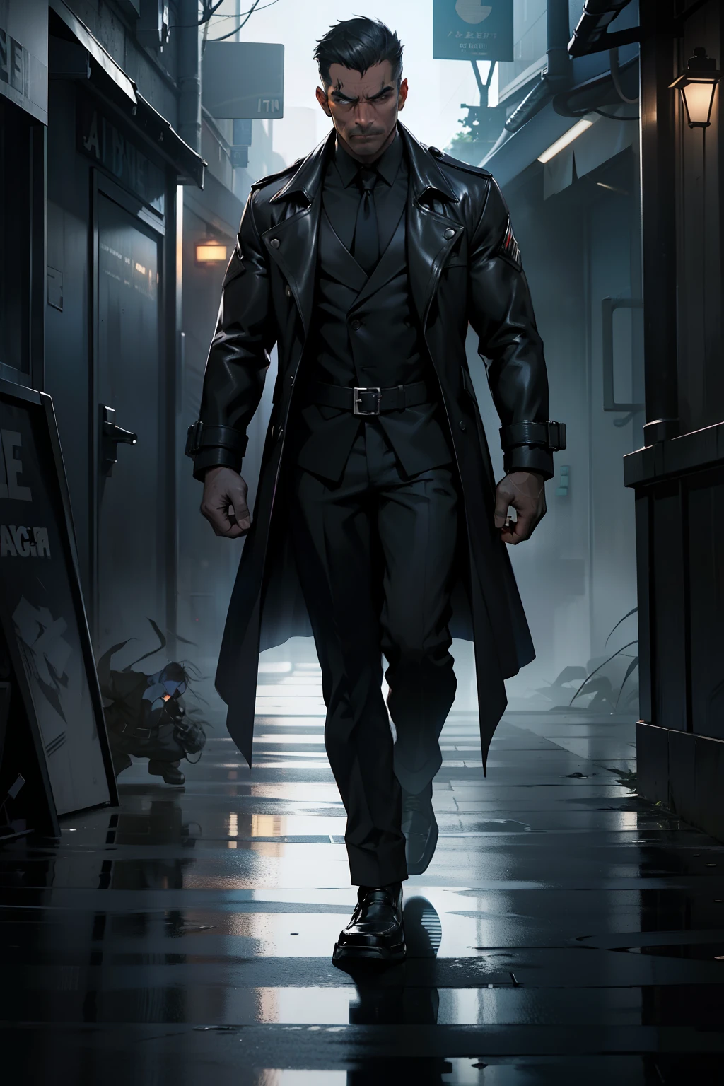 Male spy, hight resolution, 1male person, Intense gaze, Concealed weapon, Hidden identity, Shadowy figure, Stealthy movements, Cloaked in darkness, Detailed facial features, Hyperrealistic, Sculpted physique, Worn trench coat, Hidden microphone, Gloved hands, Serious expression, Dressed in all black, Monitoring surroundings, Focused on mission.