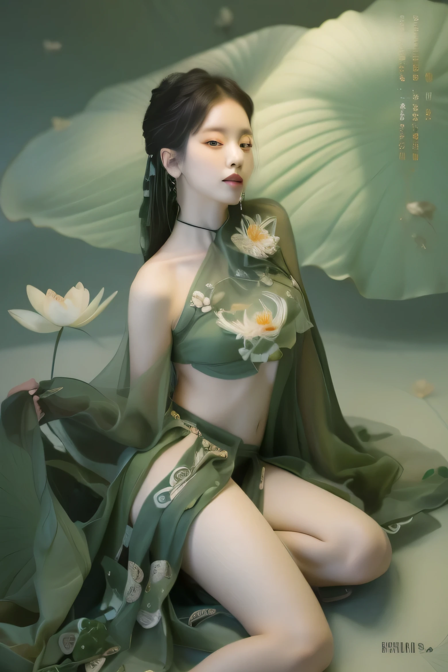 (masterpiece1.2),(best quality:1.2),highres,extremely detailed 8k wallpaper,very clear,realistic,1girl,full body,legs,bare thigh,(rainy),(soft smile),bare shoulders,chest covered by lotus_leaf,cleavage,collarbone,neck,(foggy,mist),earrings,solo,white (lotus flowers),black hair,looking at viewer,long hair,portrait,lips,hair bun,makeup,expressionless,black eyes,tender green,(lotus leaves),DOF,soft light,gongbi color ink style,