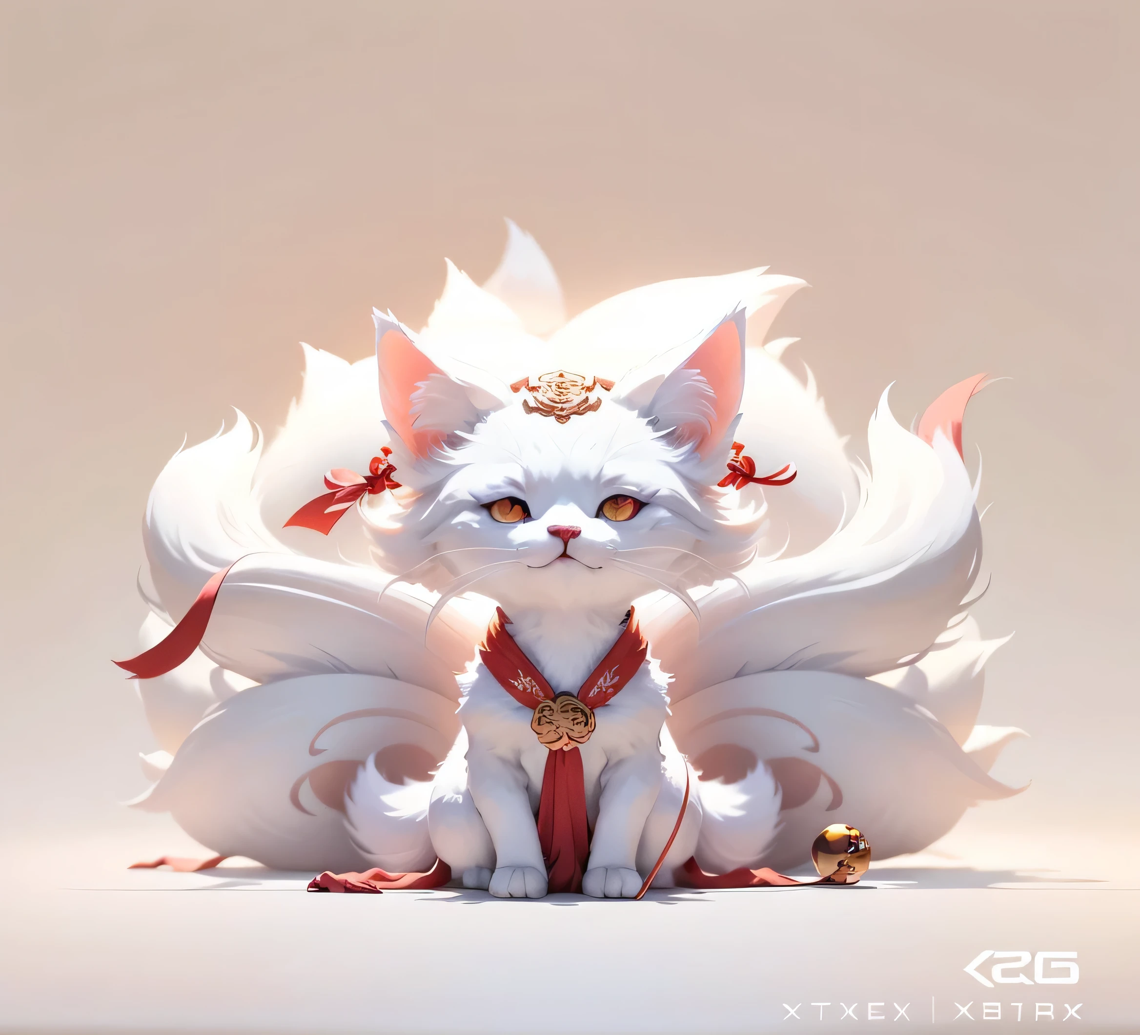Anime style white cat，Red ribbon sitting on white pillow, ethereal fox raccoon, Lovely and detailed digital art, fox Three-tailed Fox, fox, author：Yang Jie, 🌺 CG society, cute numbers, cute numbers艺术, Three-tailed Fox, Beautiful fox lady, Onmyoji Detailed Art, Popular topics on cgstation, Beautiful digital artwork