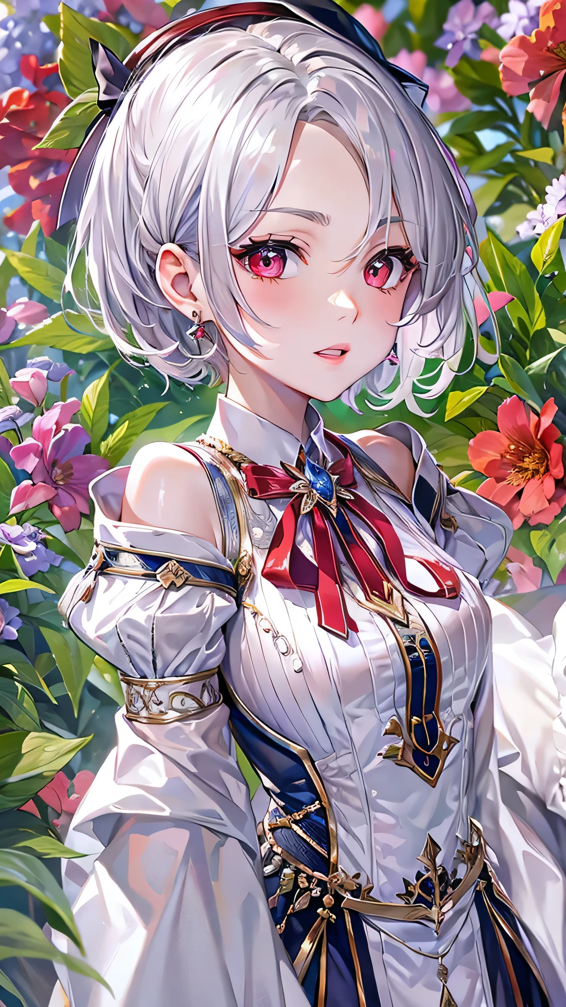 perfect anatomy, masterpiece:1.4, best quality, 8k, beautiful detailed grow, (in the beautiful enchanted garden), break (flat chest Style), white skin (a silver hair very short hair immensely beautiful girl, , detailed red eyes, serious face), in a butler uniform.