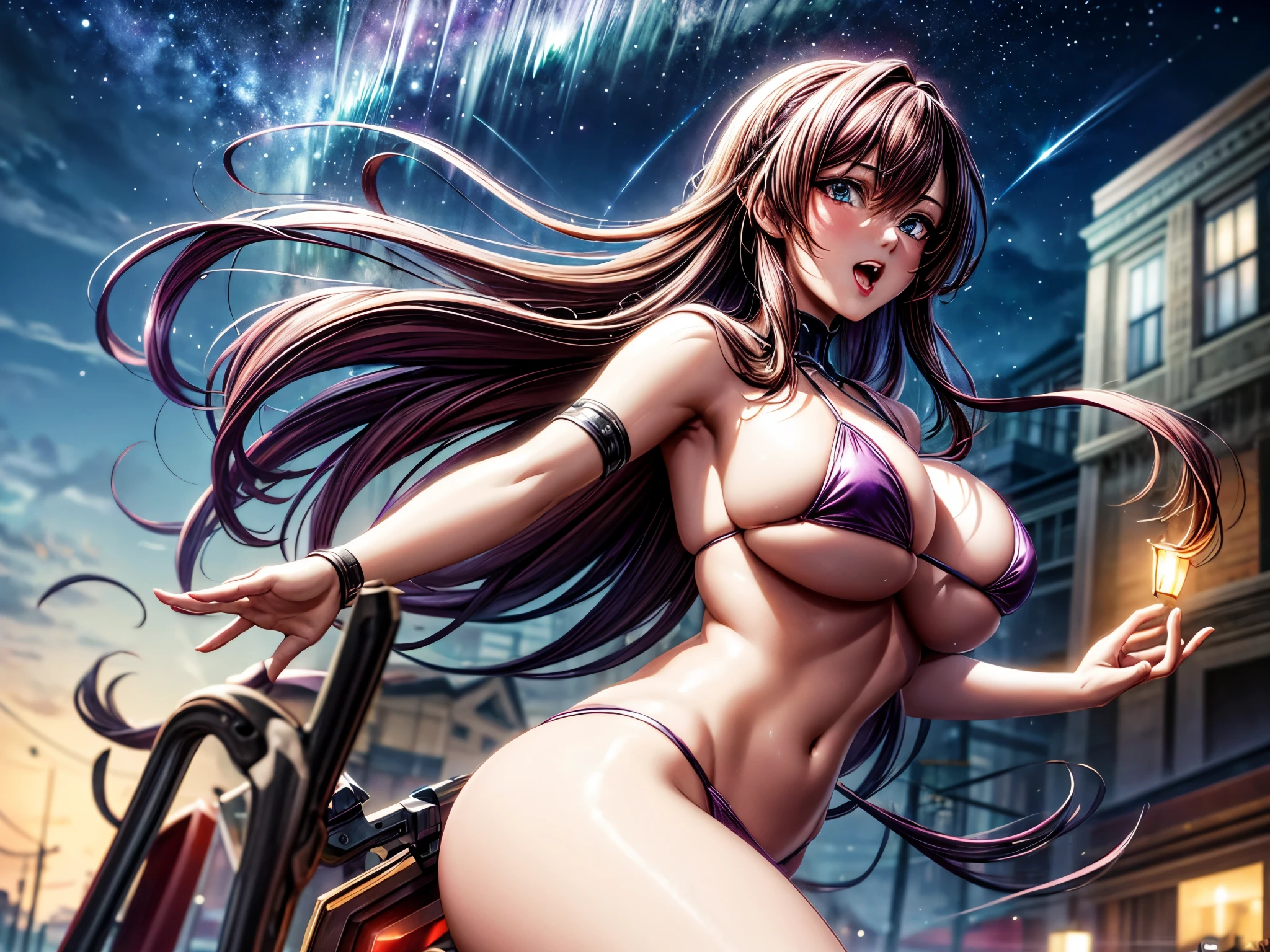 Anime - Illustration of a woman with dark red and purple hair wearing a micro bikini., very big breasts, bare chest, Sexy, Screaming at a beautiful, seductive girl, Arrogant demeanor, Magnificent and majestic, Steam Punk City on Background, Detailed digital anime art, Gouache style art, artgerm artgerm and wlop, Argerm style, High quality 8k detailed artwork. , There is a Cyber Punk skyscraper in the background., Aurora, Crescent moon, Many shooting stars in the sky, Loy Krathong Festival,Chiang Mai , Lanna style, night time, full moon, Many floating lanterns in the sky, Thai architecture 2D , faded picture ,vintage color, lined, Very high quality work , Very high detail , There are many types combined.... , Animation, 4k, attitude, vintage style , Thailand