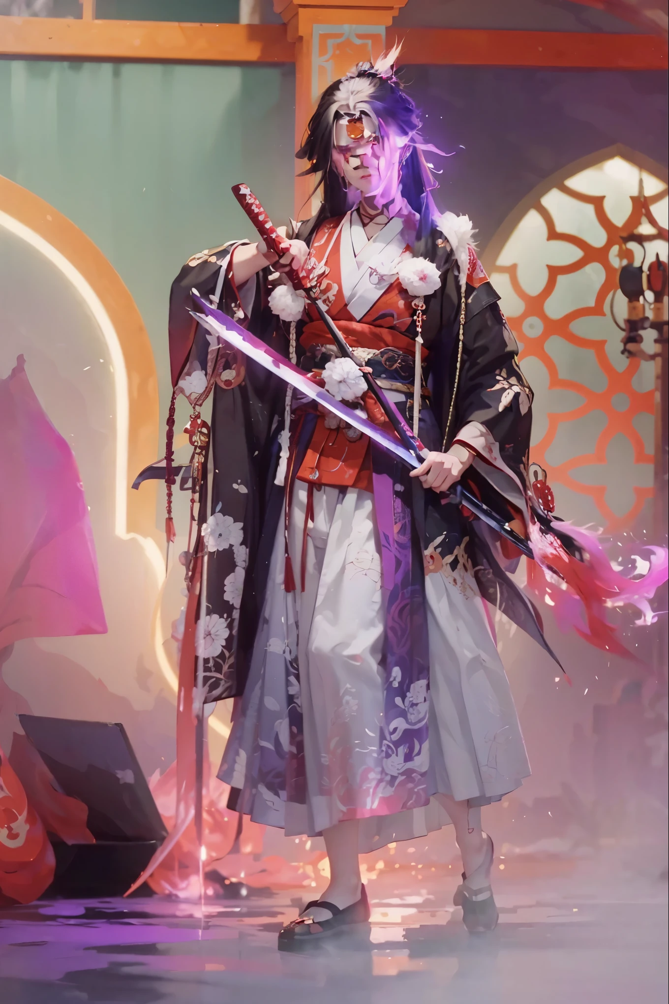 ((ONIKIRI_ONMYOJI),((realistic, photorealistic)),(highlight hair)), Light reflection, (( HD )),((upper body)), (((best quality, masterpiece))), (masterpiece) (best quality) (detail) (8k) (HDR) (wallpaper) (cinematic lighting) (sharp focuasterpiece, best quality: 1.1), Real life adaption of this character, Asian teen beauty face, Shining green eyes, realistic outfit, realistic shadow, realistic light, realism, hyper realistic, realistic background,(photorealistic:1.2), 1man,Fire background, indeed sword, smoke blur, glow effect,