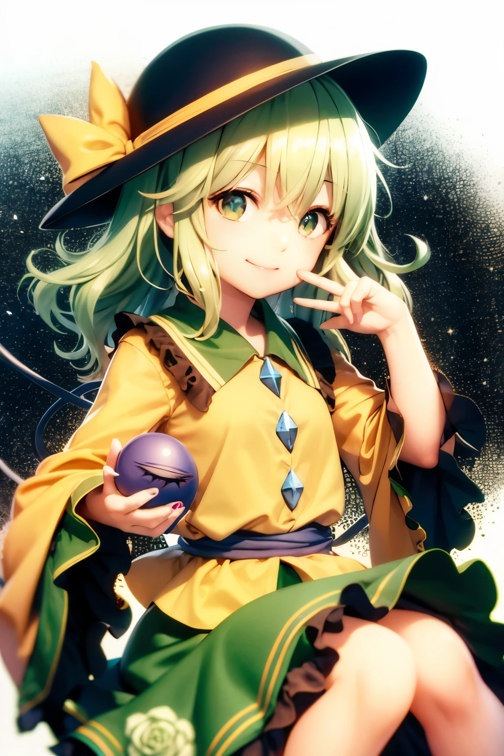 table top, highest quality,  1 girl,smile,komeiji koishi, have,have bow,green hair,green eyes,pupil in the shape of a symbol,yellow shirt,green skirt,Third Eye,long sleeve, wide sleeve, floral pattern, eyeball,gray background,full nude、bloody hands、邪悪なsmile