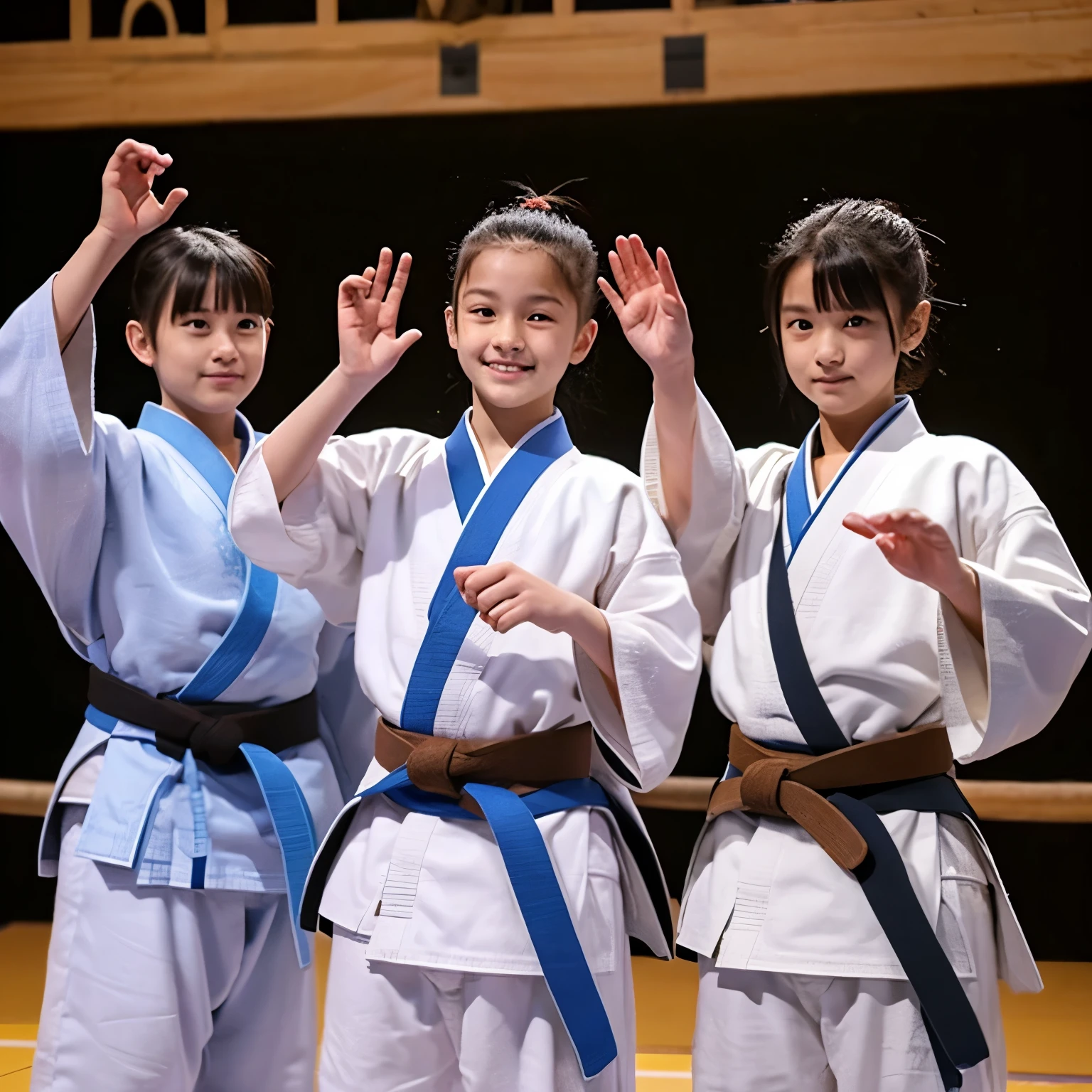 Une arene de combat avec deux judokas qui se saluent. The first has a white kimono and a black belt and the second has a blue kimono and a brown belt