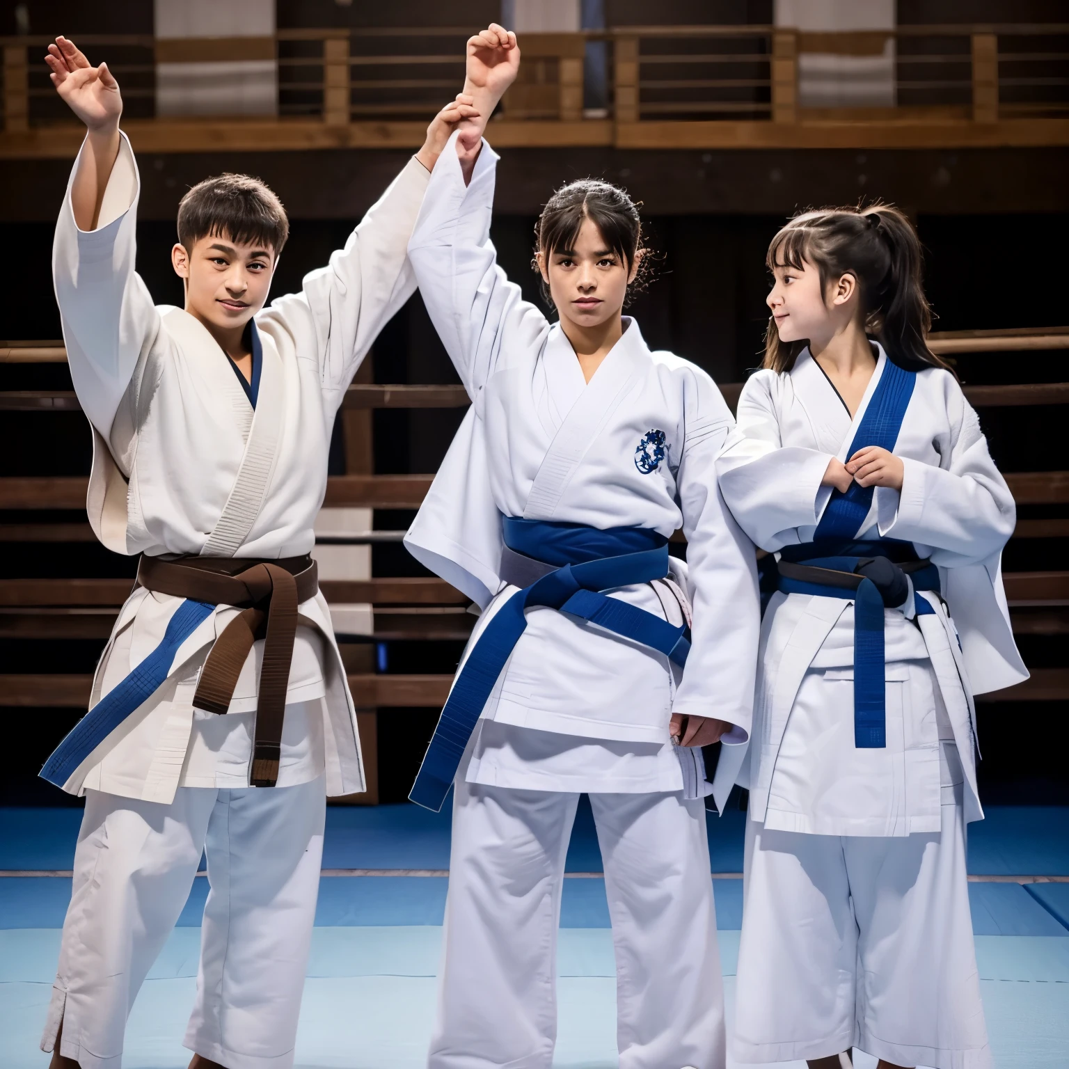 Une arene de combat avec deux judokas qui se saluent. The first has a white kimono and a black belt and the second has a blue kimono and a brown belt