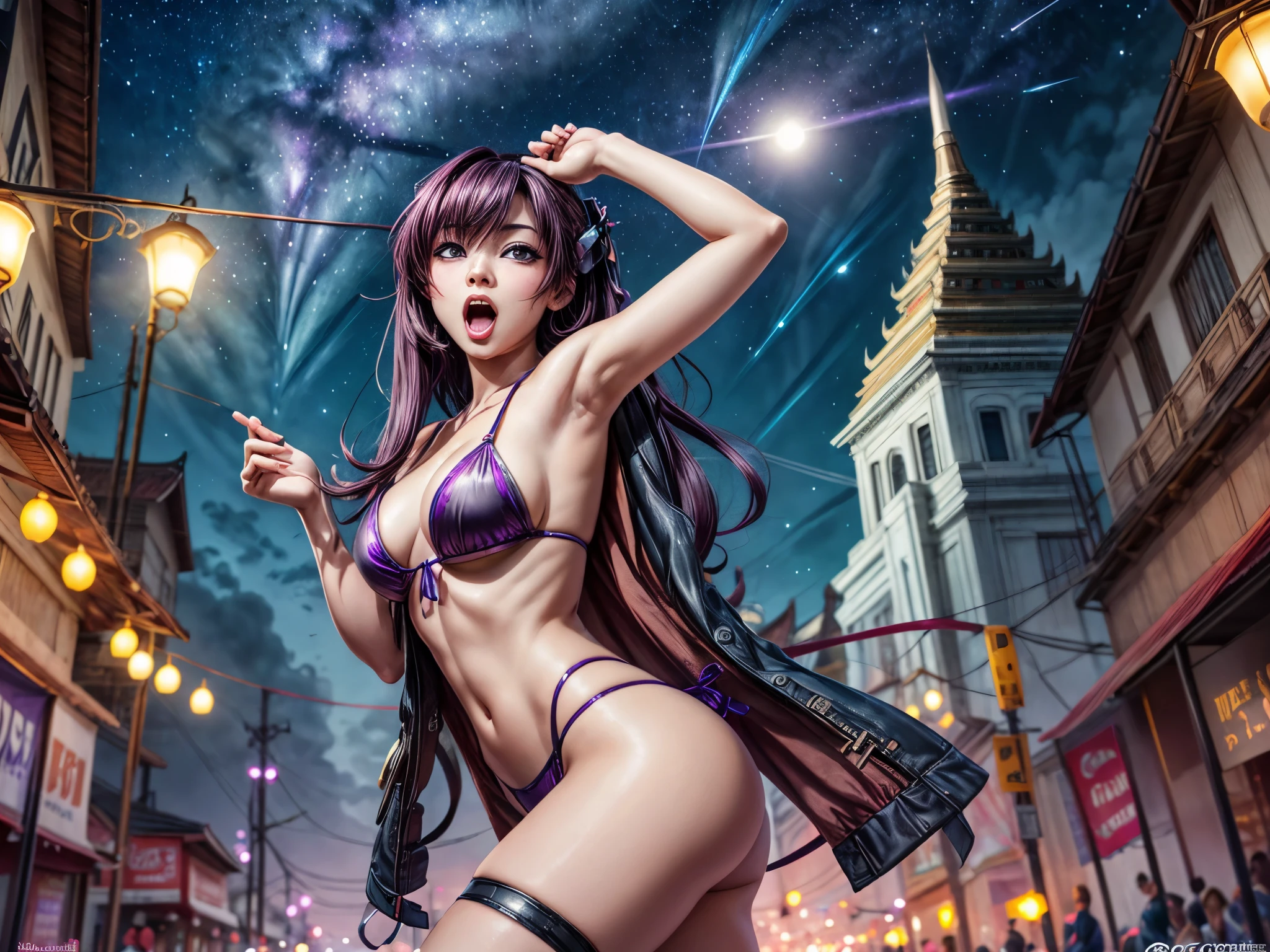 Anime - Illustration of beautiful female twins, Dark red and purple hair wearing a micro bikini, very big breasts, bare chest, Sexy, Screaming at a beautiful, seductive girl, Arrogant demeanor, Magnificent and majestic, Steam Punk City on Background, Detailed digital anime art, Gouache style art, artgerm artgerm and wlop, Argerm style, High quality 8k detailed artwork. , There is a Cyber Punk skyscraper in the background., Aurora, Crescent moon, Many shooting stars in the sky, Loy Krathong Festival,Chiang Mai , Lanna style, night time, full moon, Many floating lanterns in the sky, Thai architecture 2D , faded picture ,vintage color, lined, Very high quality work , Very high detail , There are many types combined.... , Animation, 4k, attitude, vintage style , Thailand