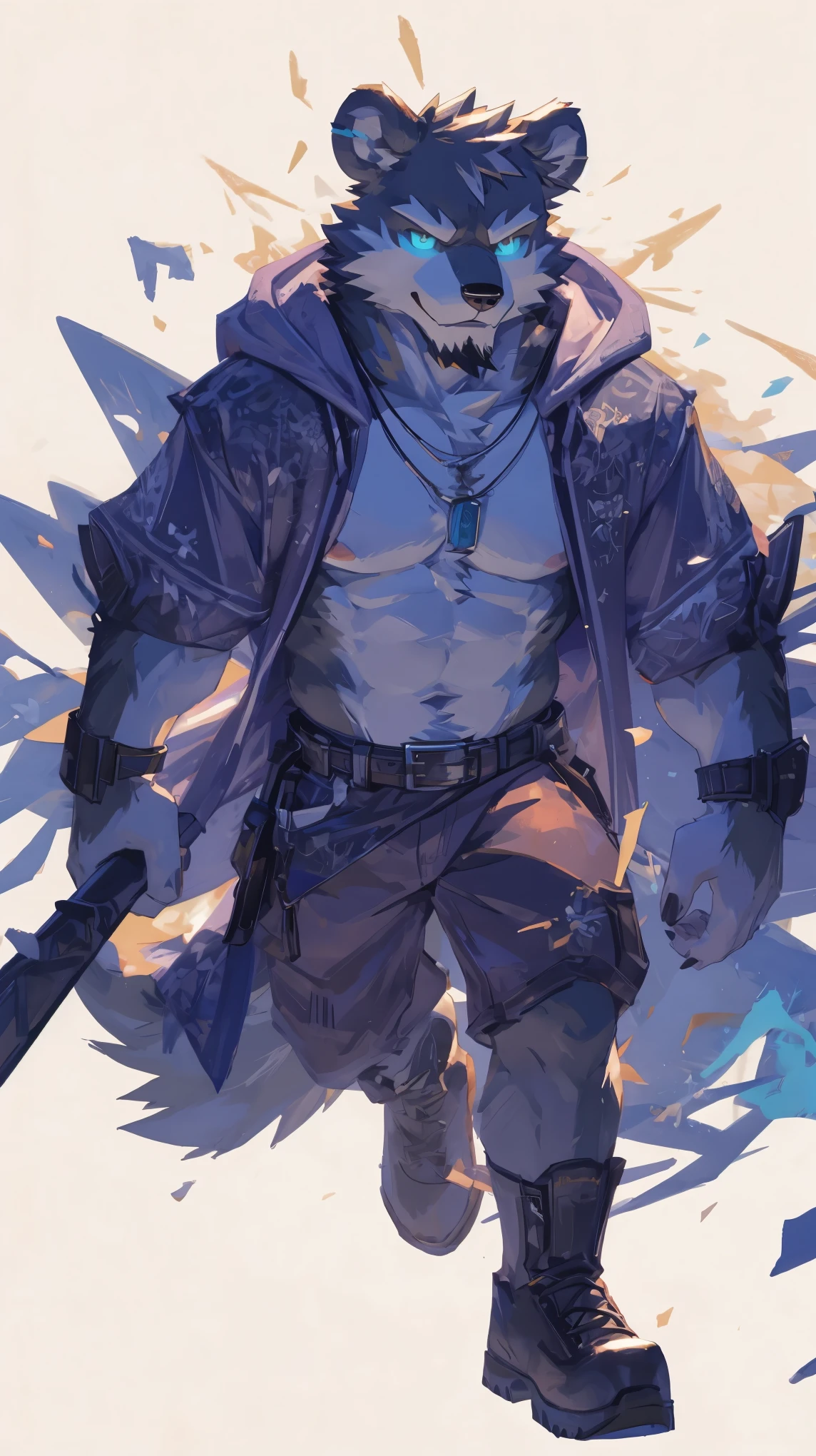 (masterpiece:1.2), best quality,pixiv,official art,perfect anatomy, (Ray tracing, light),solo, (1_male:1.3) , (muscle), (dark fur:1.4), (dynamic poses:1.3), (ultra deTailed), sharp focus, Negi, eyes, (glowing cyan eyes), hairy, (Gray fur:1.4),(muscle bear), (beard:1.3), Tail, Thick eyebrows,open hoodie, naked inside, cargo shorts, boots, ultra deTailed face, high deTails, high quality, (best quality,4K,8K,high resolution,masterpiece:1.2),bright colors, float in the sky, reach hand, (white background:1.3), (rainbow light flow:1.3)