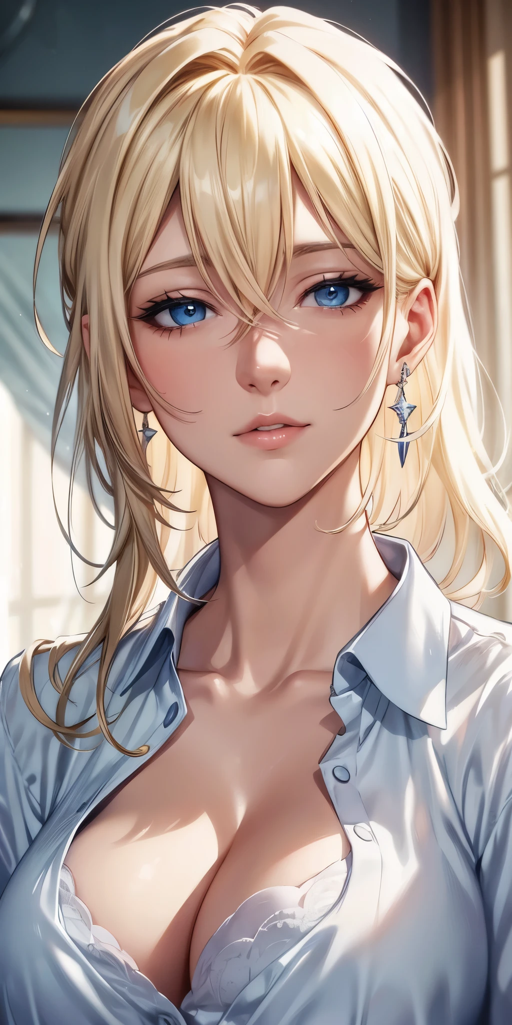 portrait, realistic, blue eyes, blonde hair, big breast, 4k resolution, high quality cg, beautiful cg, soft light, 