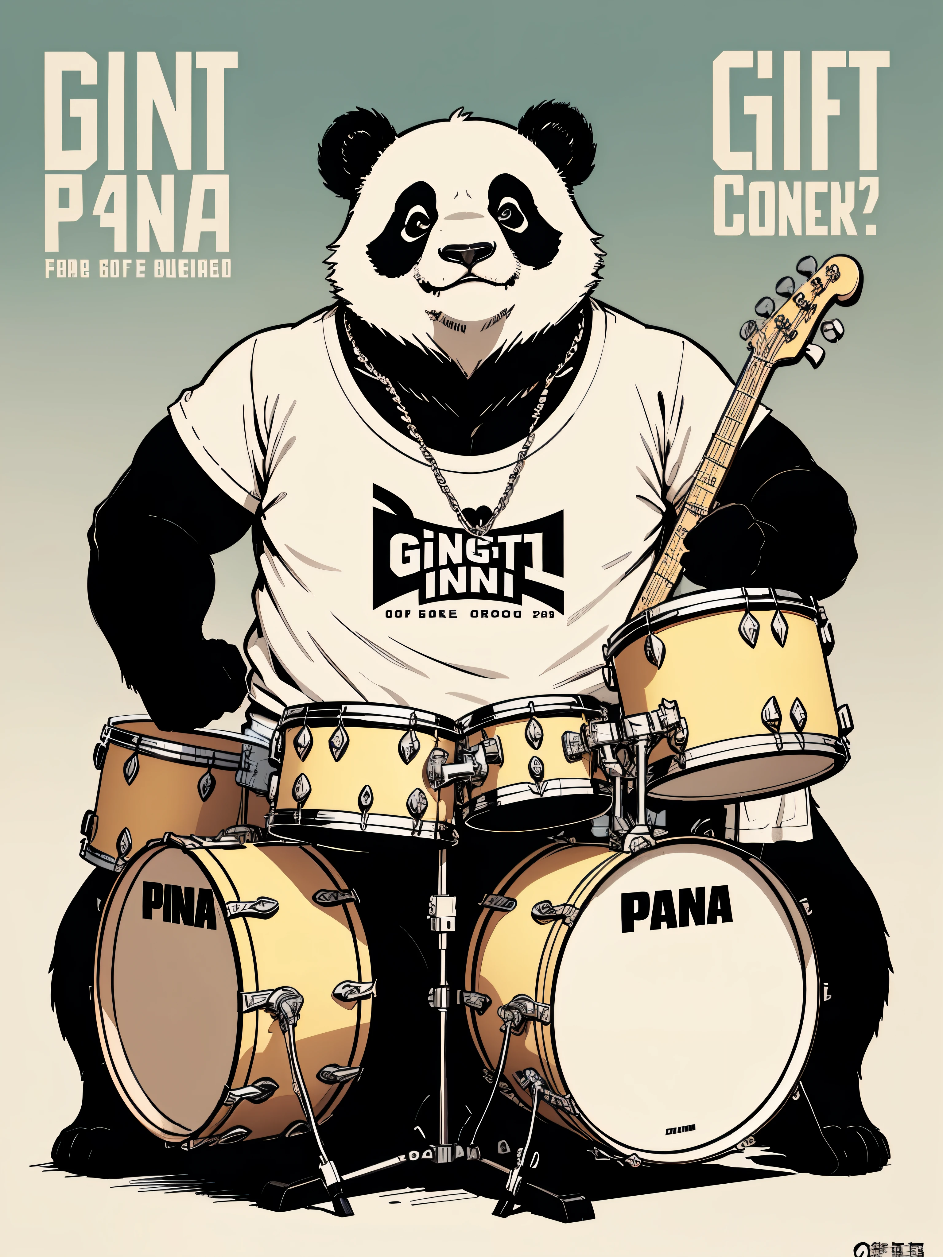 (masterpiece, best quality)a cute giant panda（panda）Playing drums；Panda is big，The drum set is very small，obvious size contrast；[modern percussion instruments：drum set（Five-drum system）]，Wearing an oversized T-shirt（There are Chinese elements），With a big gold chain tag，sunglasses，reference：kungfu Panda。Notice：occlusion。Background rendering atmosphere，Colorful background，Color coordination；Explosive effect，Cool。Rich in details。Poster cover，illustration style，comic style，American comics，print style，Stroke，line drawing，thick lines。