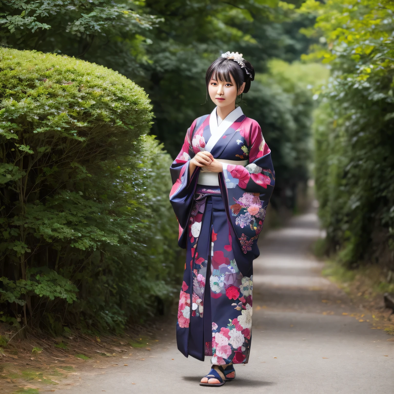 Old Japanese landscape、Japanese kimono woman