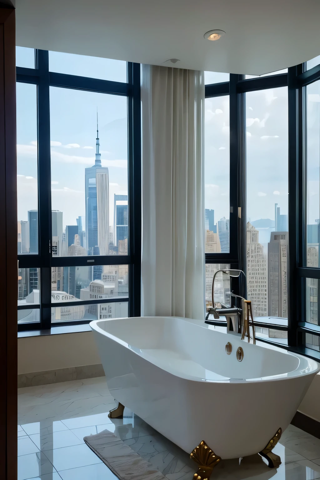 5 star hotels in Manhattan，Floor-to-ceiling windows，daytime，bathroom，Spacious，advanced，reality，4k quality，bathroom