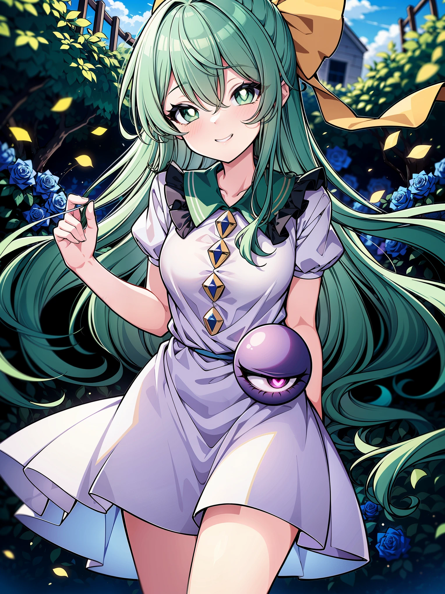(Cowboy shot), (ultra-high resolution, depth of field:1.2), looking at viewer, (komeiji koishi:1.1), (1woman), adult, Touhou project, medium , (dark green eyes), white pupils, glowing eyes, green hair, wavy hair, (long hair), yellow ribbon, ponytail, (wearing a white summer dress:1.2). A closed blue-purplish "third eye" is positioned over her heart, with cords wrapped around her torso and attached to each of her ankles, (blue roses in the background), garden scenery, grinning, (squinting eyes)