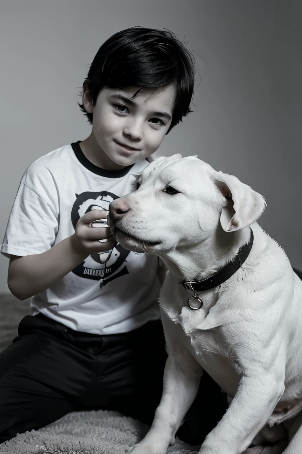 Young white boy with black hair and cute face, playing with white bull terrier. Realistic black and white photograph.