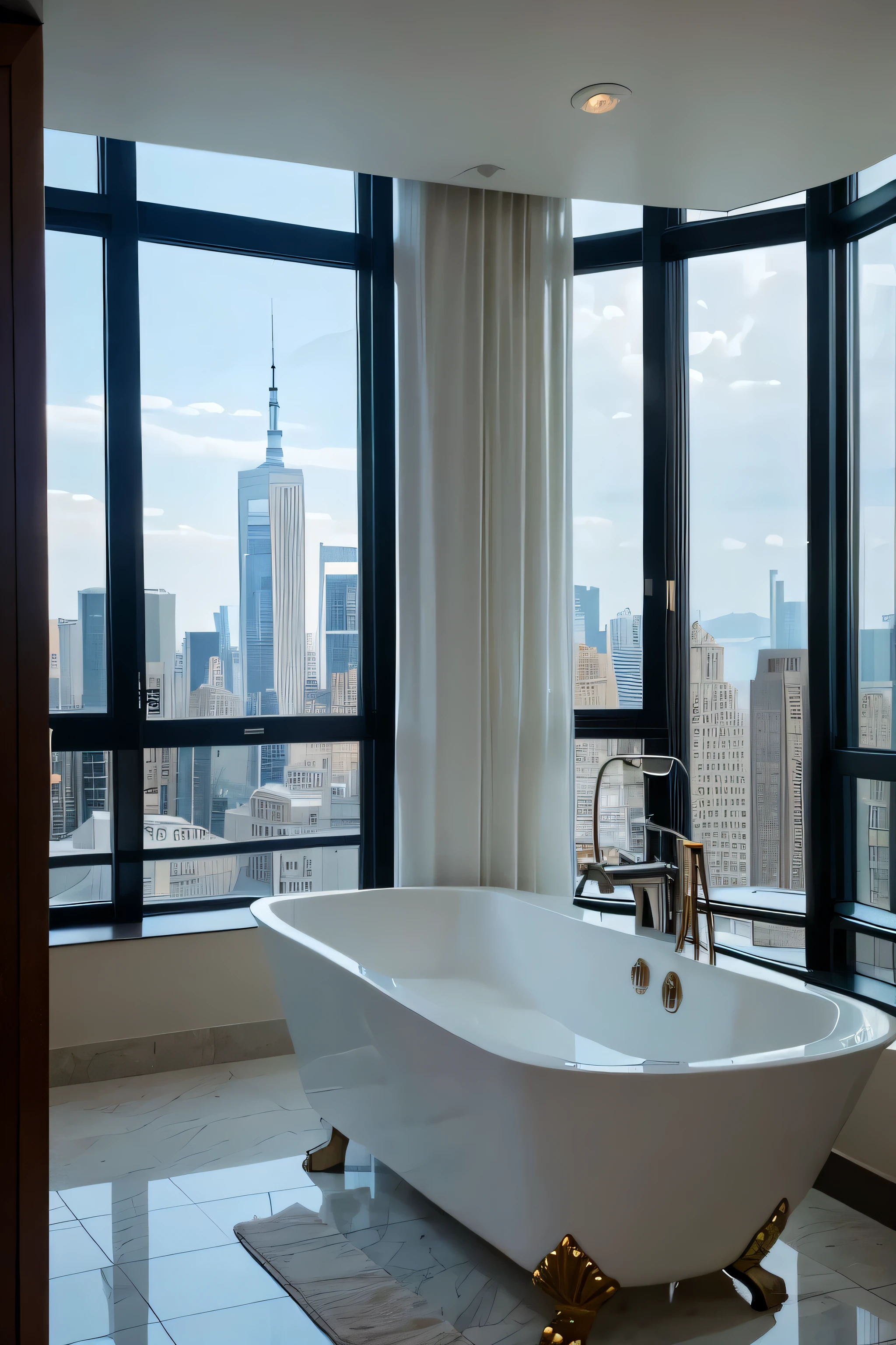 5 star hotels in Manhattan,Floor-to-ceiling windows,daytime,bathroom,Spacious,advanced,reality,4k quality,bathroom