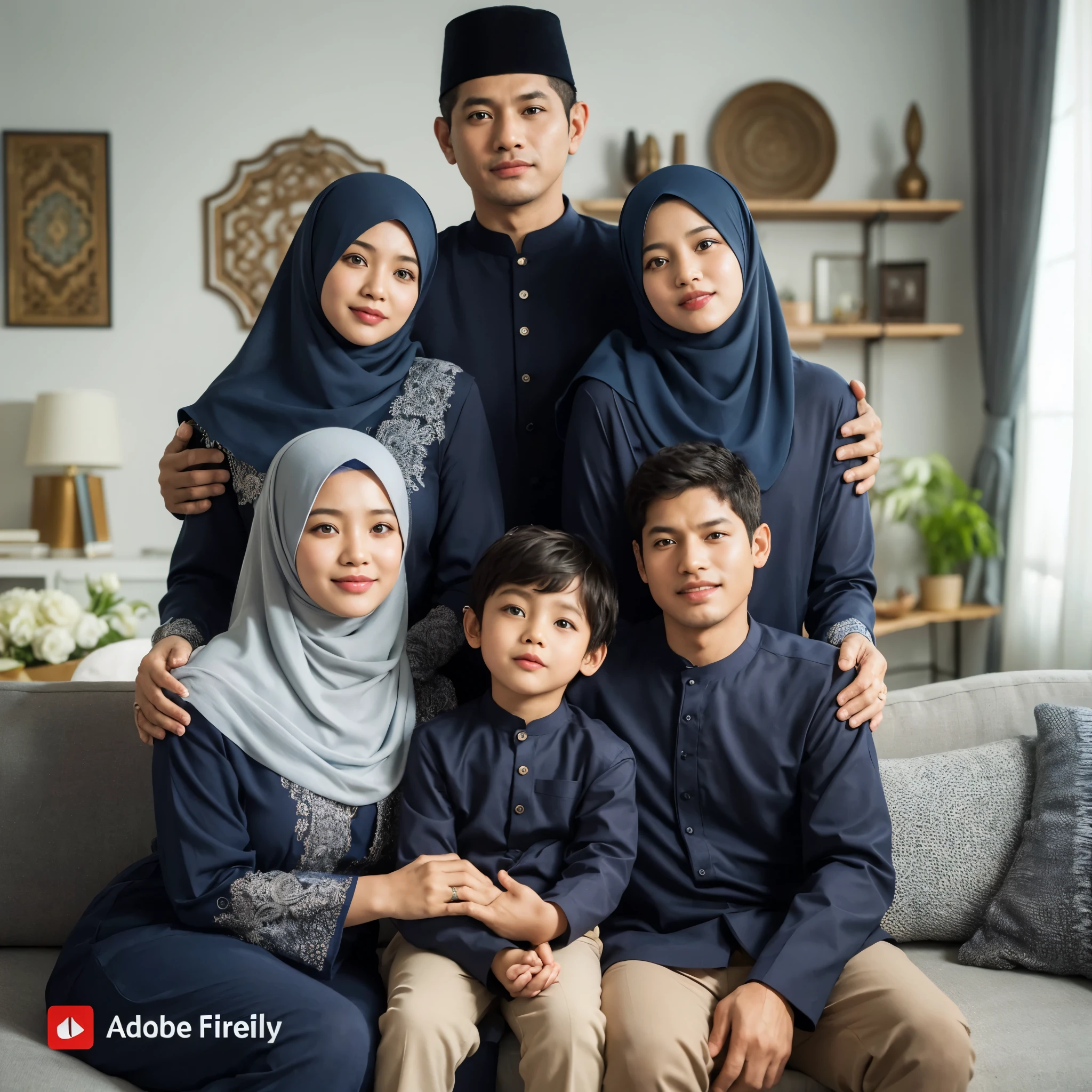 Family photo in Indonesia, six members. Three women and one 5-year-old boy sitting on the sofa, two men aged 45 with clean faces standing. They are all wearing coordinated navy-colored Muslim attire, in a bright living room with Islamic decorations, embracing each other. The photo is taken in a professional studio with ultra HD, 8k detail.