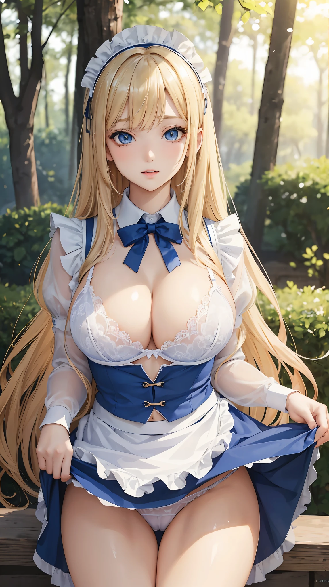 (masterpiece:1.2), (highest quality:1.2),, Curvy but slender body, perfect eyes, perfect face, perfect lighting, 1 girl, long hair, curly hair, fine clothes, detailed outdoor background, compensate, eye shadow, thick eyelashes, fantasy, (maid)、whole body,alice in wonderland、blue sky、Bright and beautiful face、young shiny glossy white shiny skin、the best beauty、the most beautiful bright blonde hair in the world、thin hair、super long straight hair、Shining beautiful bangs、Shining crystal clear big blue eyes、Very beautiful lovely 17 year old most beautiful girl in the world、big and full breasts、exposed nipples、a sexually excited look、A sexually seductive look、((She lifts up her skirt and shows her bra and panties、she is seducing))
