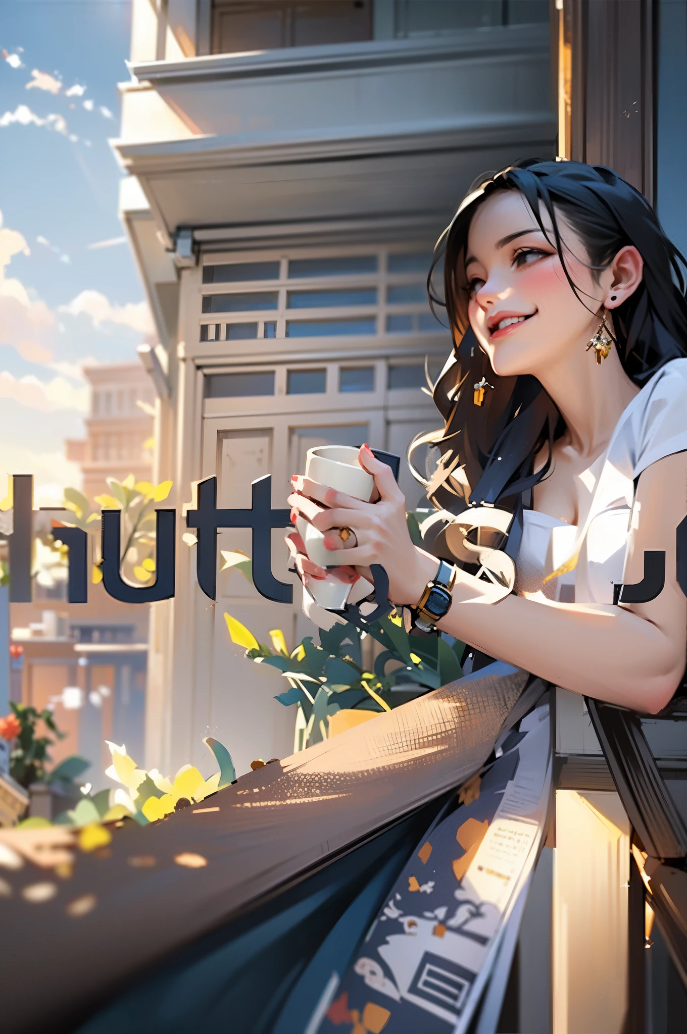 woman on balcony with cup of coffee and cell phone, shutter stock, on a balcony, balcony, morning coffee, balcony scene, beautiful scenery, 1614572159, on the terrace, portrait of morning coffee, checking her phone, Sit back, relax and be happy, drinking coffee, Single Image, photo shoot, mix art