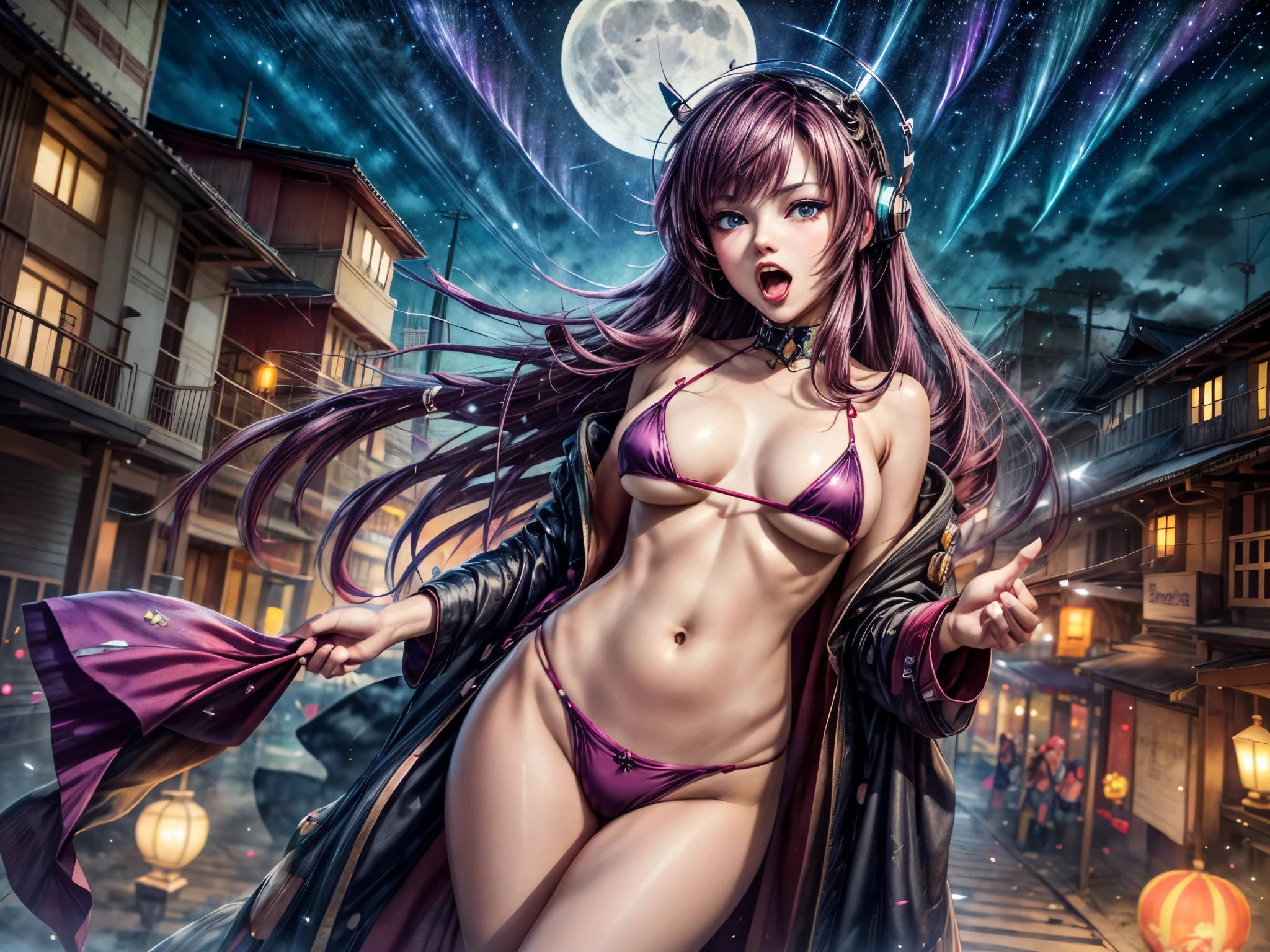 Anime - Illustration of a woman with dark red and purple hair wearing a micro bikini., very big breasts, bare chest, Sexy, Screaming at a beautiful, seductive girl, Arrogant demeanor, Magnificent and majestic, Steam Punk City on Background,High quality 8k detailed artwork. , There is a Cyber Punk skyscraper in the background., Aurora, Crescent moon, Many shooting stars in the sky, Loy Krathong Festival,Chiang Mai , Lanna style, night time, full moon, Many floating lanterns in the sky, Thai architecture 2D ,  Very high quality work , Very high detail , There are many types combined.... , Animation, 4k, attitude, vintage style , Thailand