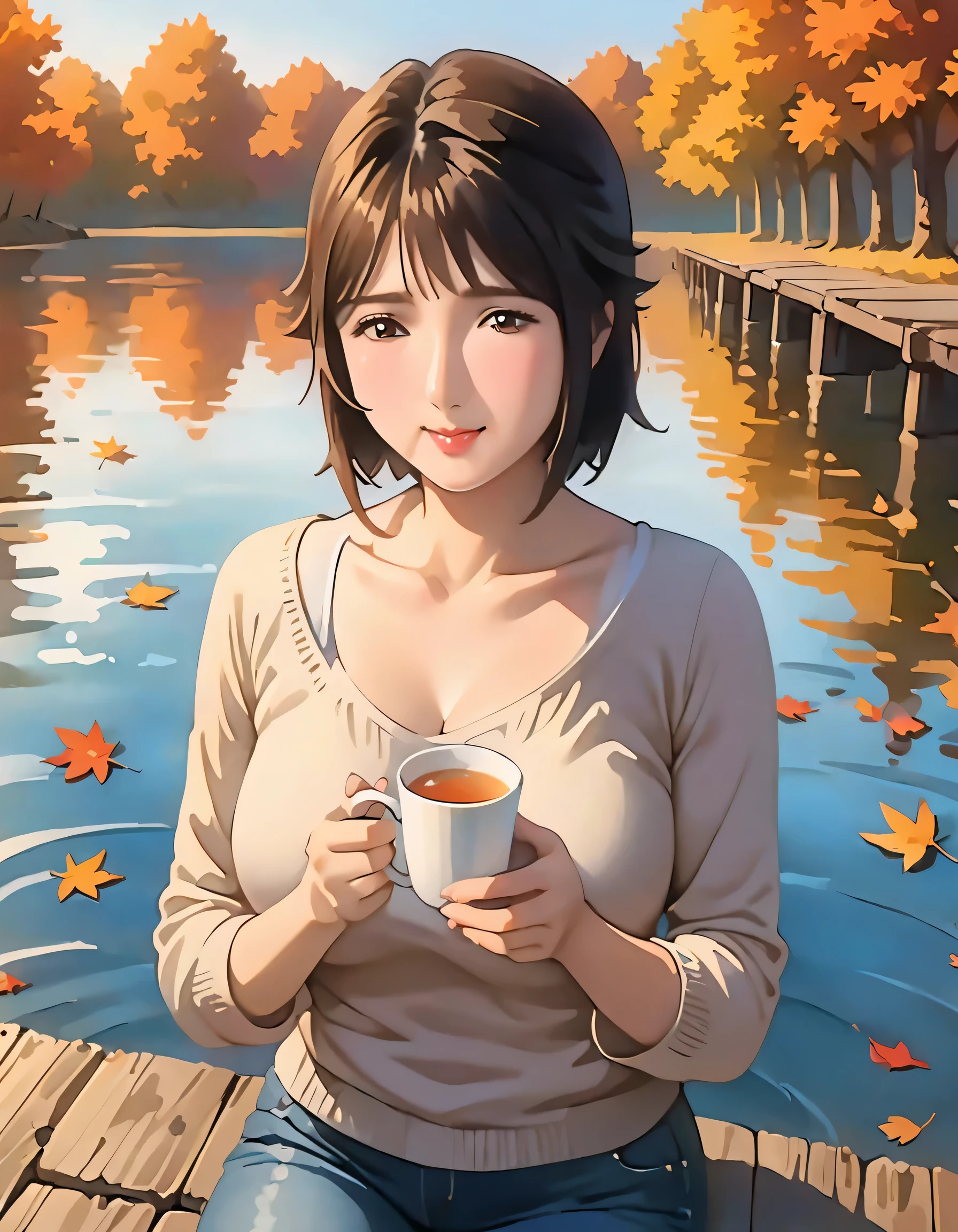 (best quality,4K,8K,High resolution,masterpiece:1.2),super detailed,actual,autumn scenery,Girl reflected in the lake,colorful leaves,floating in water,Golden sunlight shines through the trees,peaceful atmosphere,The girl's expression was calm&#39;s face,red and orange hues,Deep red reflection on the lake,breeze，leaves rustling,Ripples on the water,Warm sweater and jeans,Holding a cup of hot tea,Fallen leaves covered the ground,Small wooden pier extending into the lake,Soft lighting illuminates the scene,The endless trees against the blue sky and white clouds,peaceful atmosphere,get along with nature.