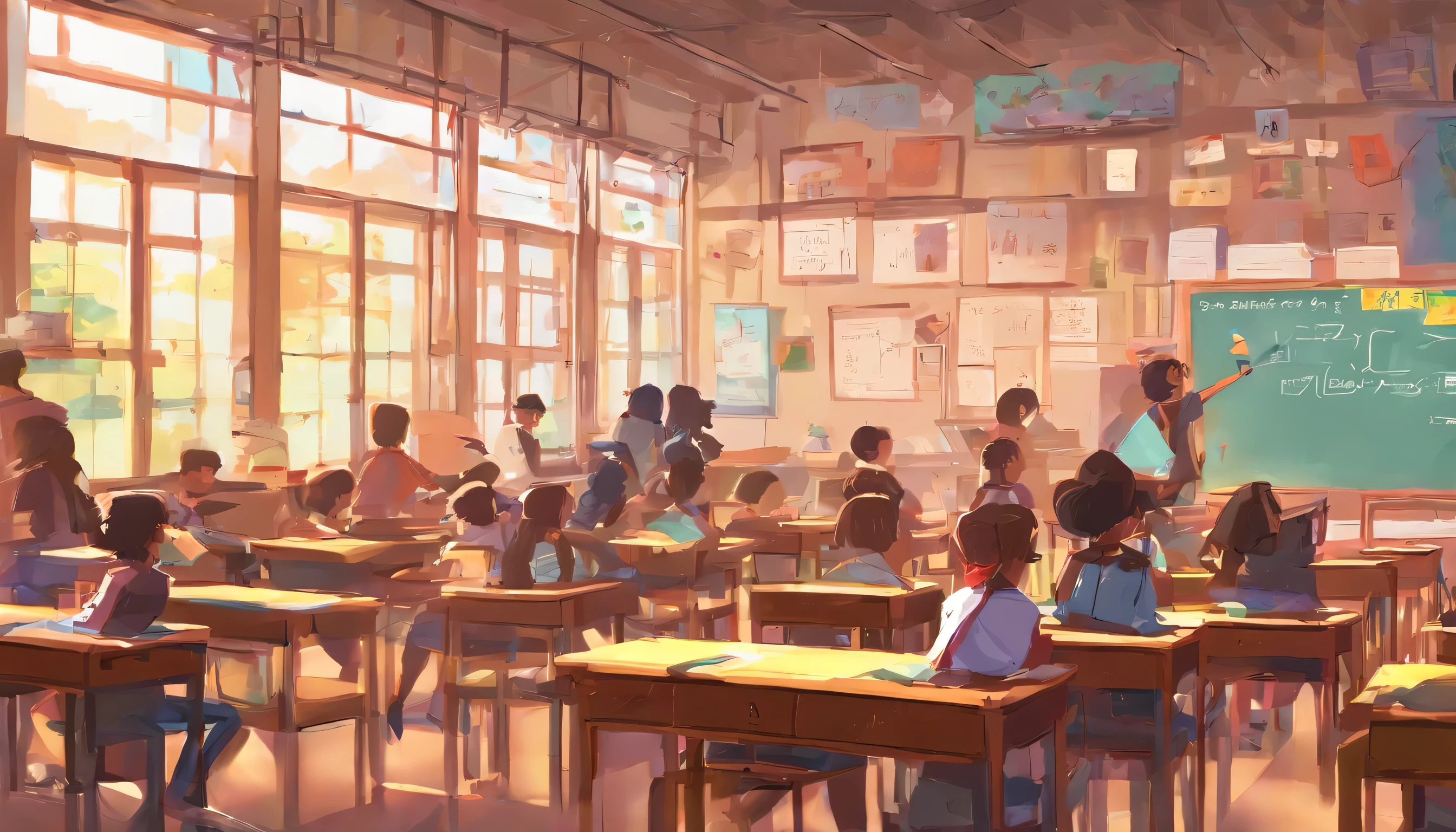 Nostalgia for the essence of student days. Vibrant classroom,The benches were crowded with students, Boys and girls have lively conversations. actual & Detailed art style brings scenes to life