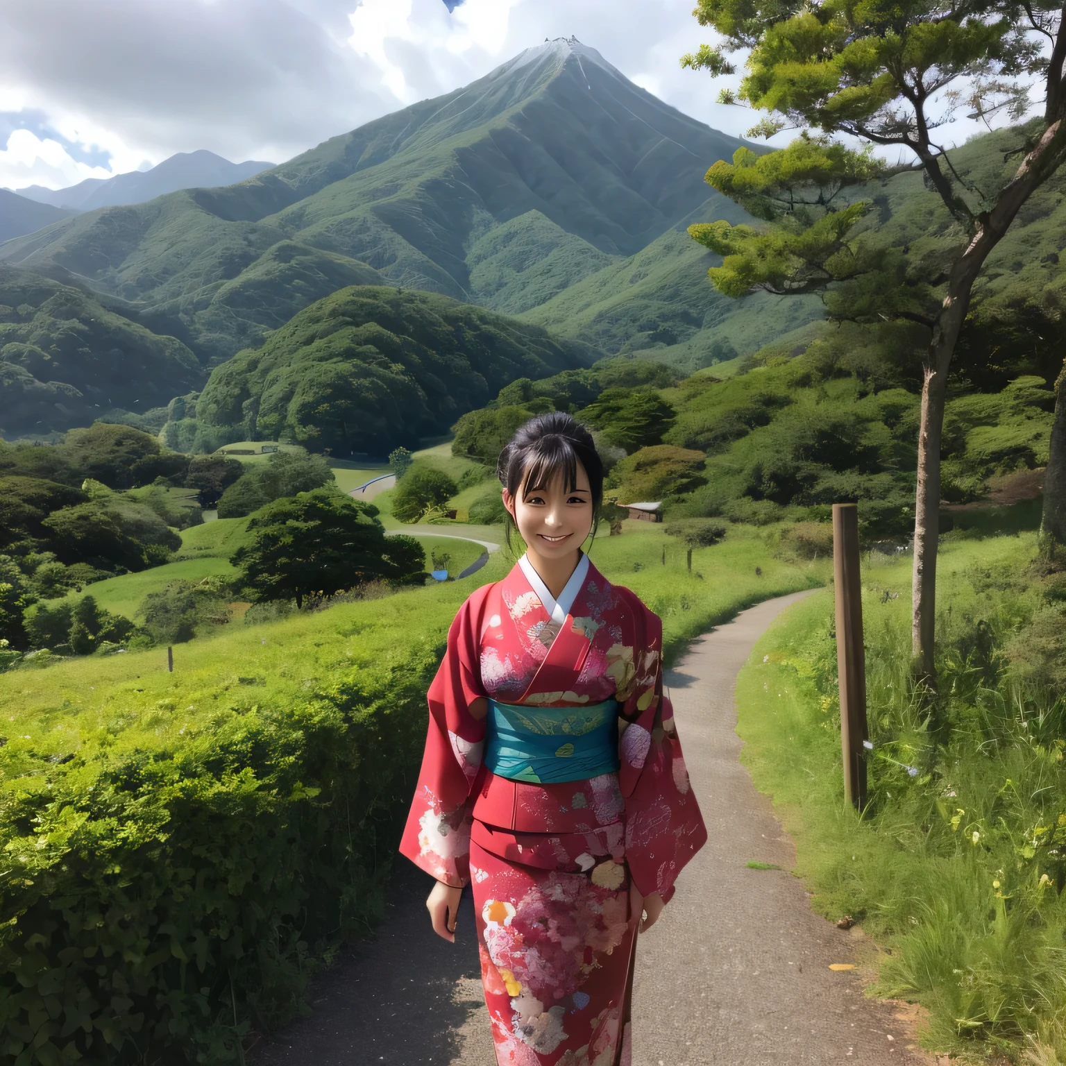 Old Japanese landscape、Japanese kimono woman