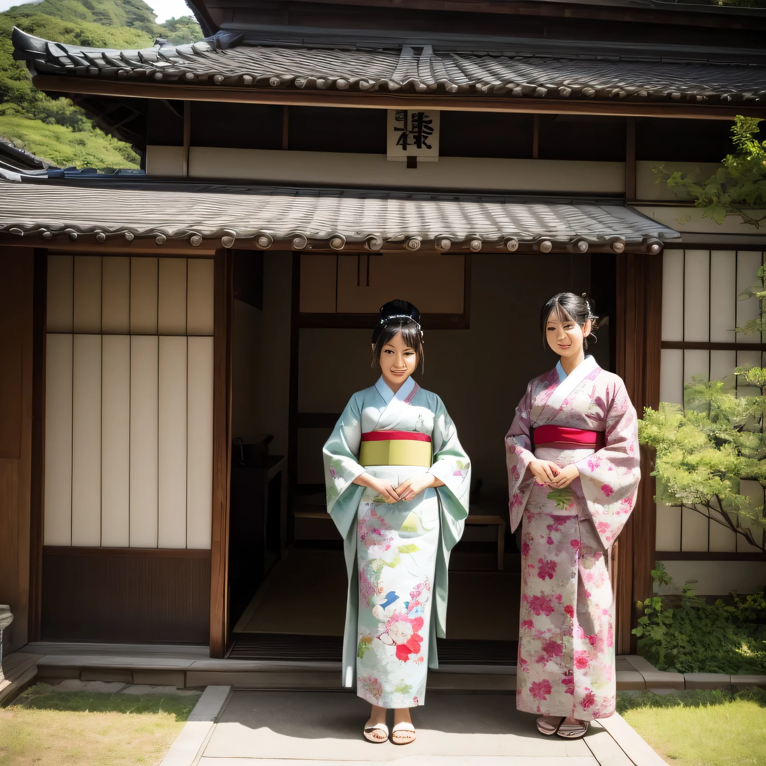 Old Japanese landscape、Japanese kimono woman