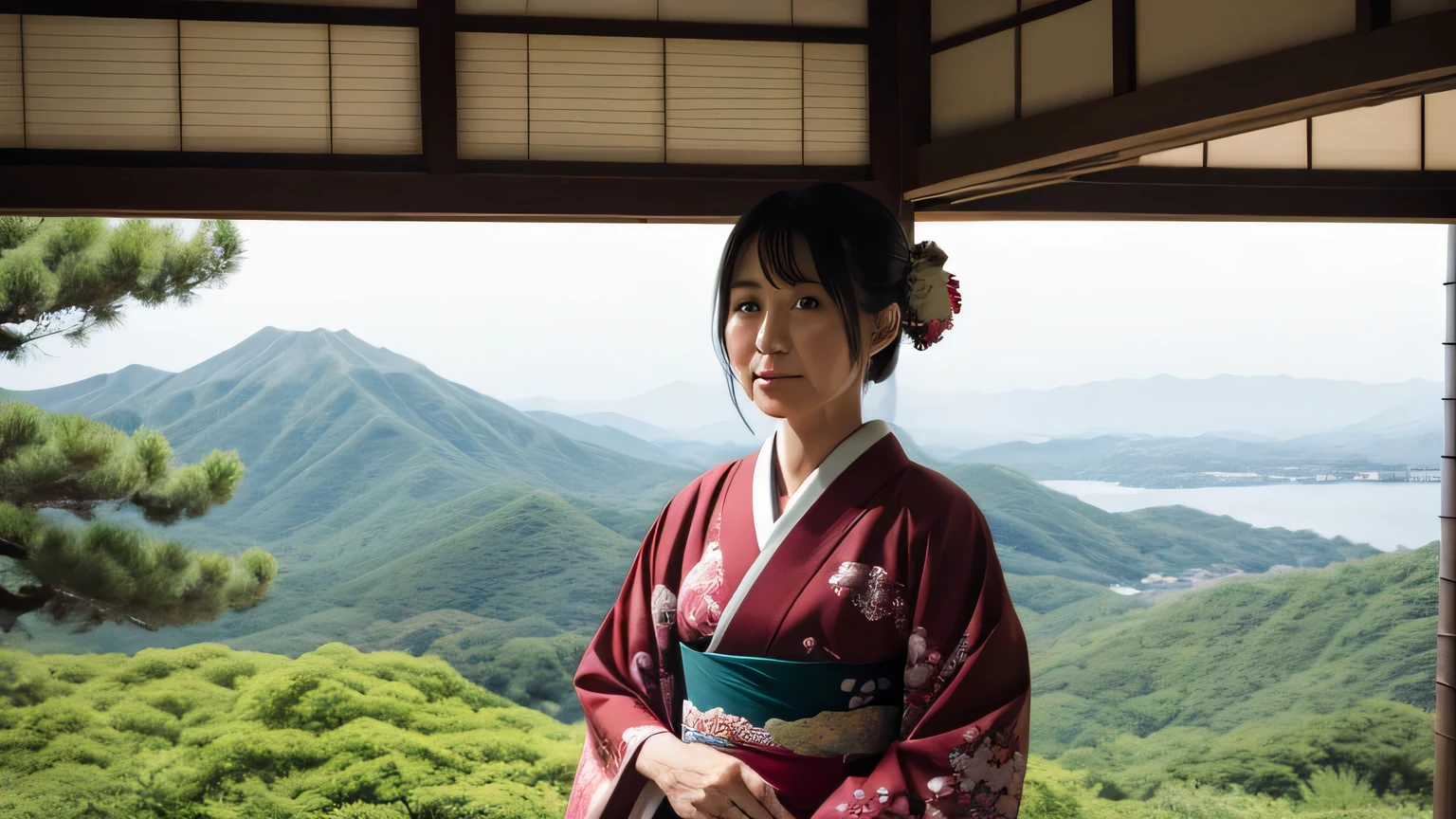 Old Japanese landscape、Japanese kimono woman