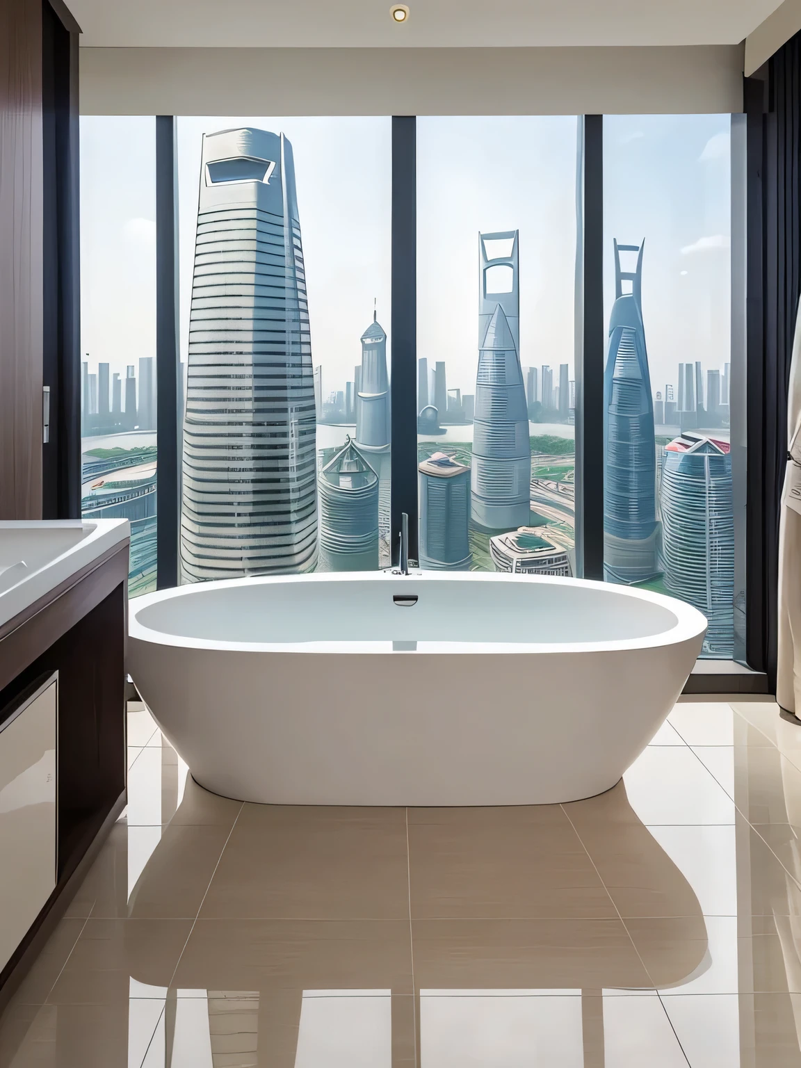 Shanghai 5 star hotels,Floor-to-ceiling windows,daytime,bathroom,Spacious,advanced,reality,4k quality,bathroom,bright