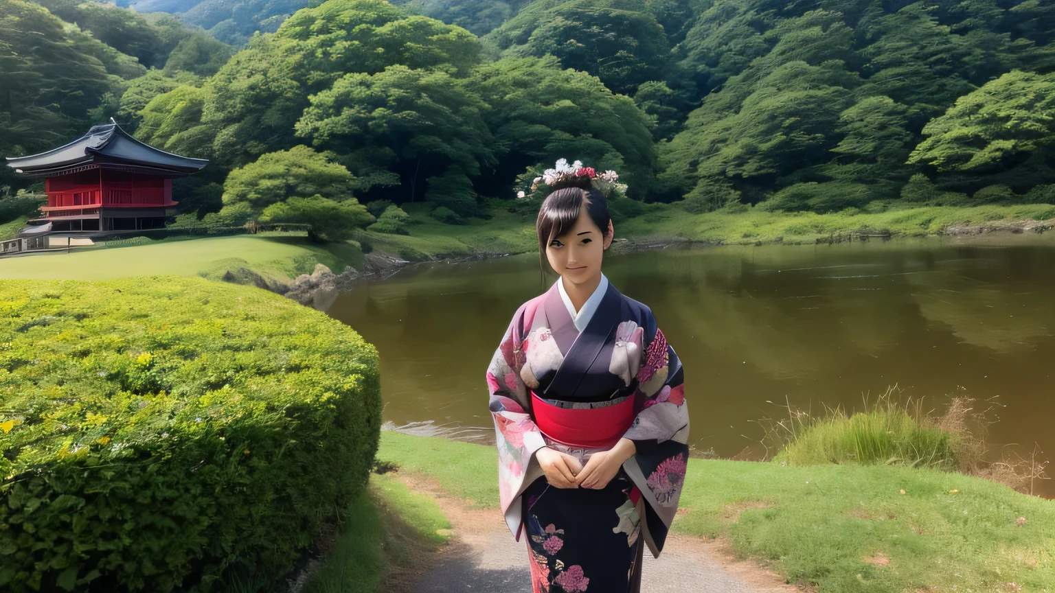 Old Japanese landscape、Japanese kimono woman