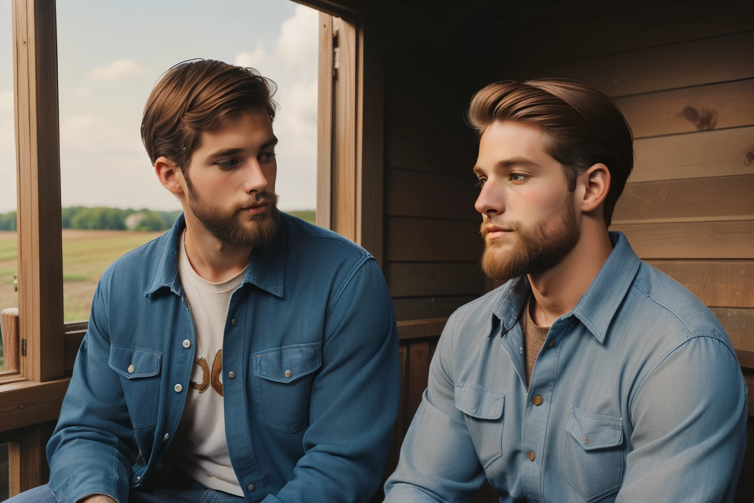 Little Wing, Wisconsin, 2014. A young ((((30-year-old)) Hank Mitchell)), tall, sturdy, square jawline, short beard, piercing blue eyes, instrospective, sitting in his farm back porch, with a friend. ((((farmer clothings from the 2010s)))), ((chestnut hairstyle of the 2010s))