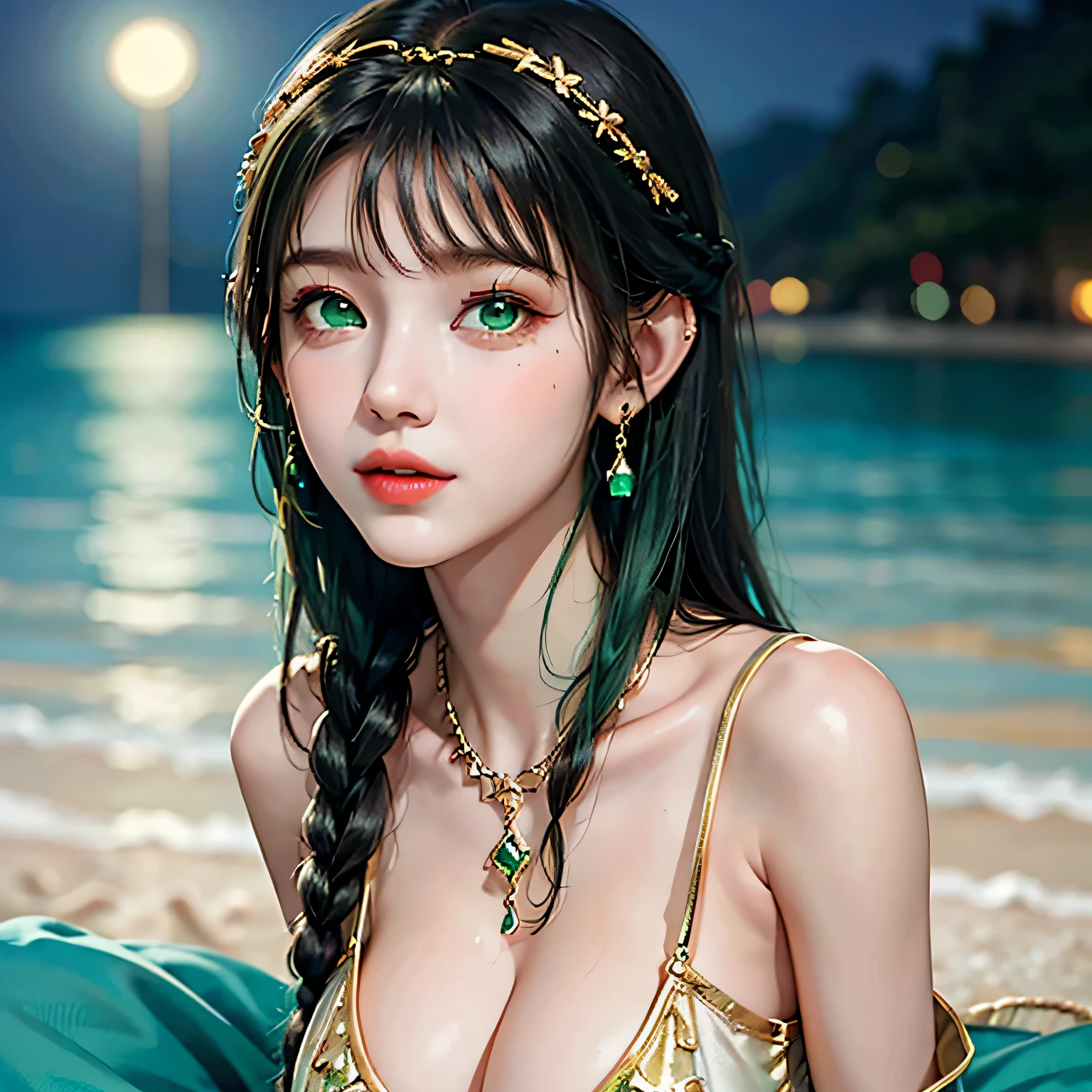 1 beautiful young princess, ((A beautiful princess is no longer a :1.8)), ((Wearing a black armor dress with gold edging in the style of ancient Hanfu:1.6)), (((Exquisite pattern of skirt:1.6))), ((Braided hair with long black bangs: 1.6)), ((long bangs:1.6)), ((hair jewelry:1.9)), ((upper body gold jewelry:1.9)), ((very delicate gold necklace:1.7)), ((earrings with emeralds:0.8)), Noble, Noble style of an extremely beautiful girl, Super cute little face, Very pretty face, Hairy thin eyebrows, perfect beautiful face, ((black pupil: 0.8)), very beautiful eyes, ((green eyes: 1.6)), beautiful makeup and detailed hairstyle, eyelash, eye makeup is wet, high nose, earrings, red lips, ((closed mouth: 1;5 )) beautiful lips, slim hands, pretty face, perfect beautiful face, smooth white skin, firm chest, nice cleavage, ((super large and round breasts: 1.6)), beautiful breasts, perfect body, ((Sit down and puff out your chest, Arms behind you:1.6)), 8k photo, super high quality, Super realistic, super 10x pixel, Optical, bright studio, bright edges, two-tone lighting, (high detail skin:1.2), super 8k, soft lighting , high quality, volumetric light, Optical, Optical high resolution, light, best pictures, 4k, 8K quality, blur effect, smooth sharpness, 10×pixels, ((Beach background at night:1.5)), aurora, lightning, Super realistic graphics, most realistic graphics, alone, alone, very sharp, surreal images, (((front portrait: 1.3)))."