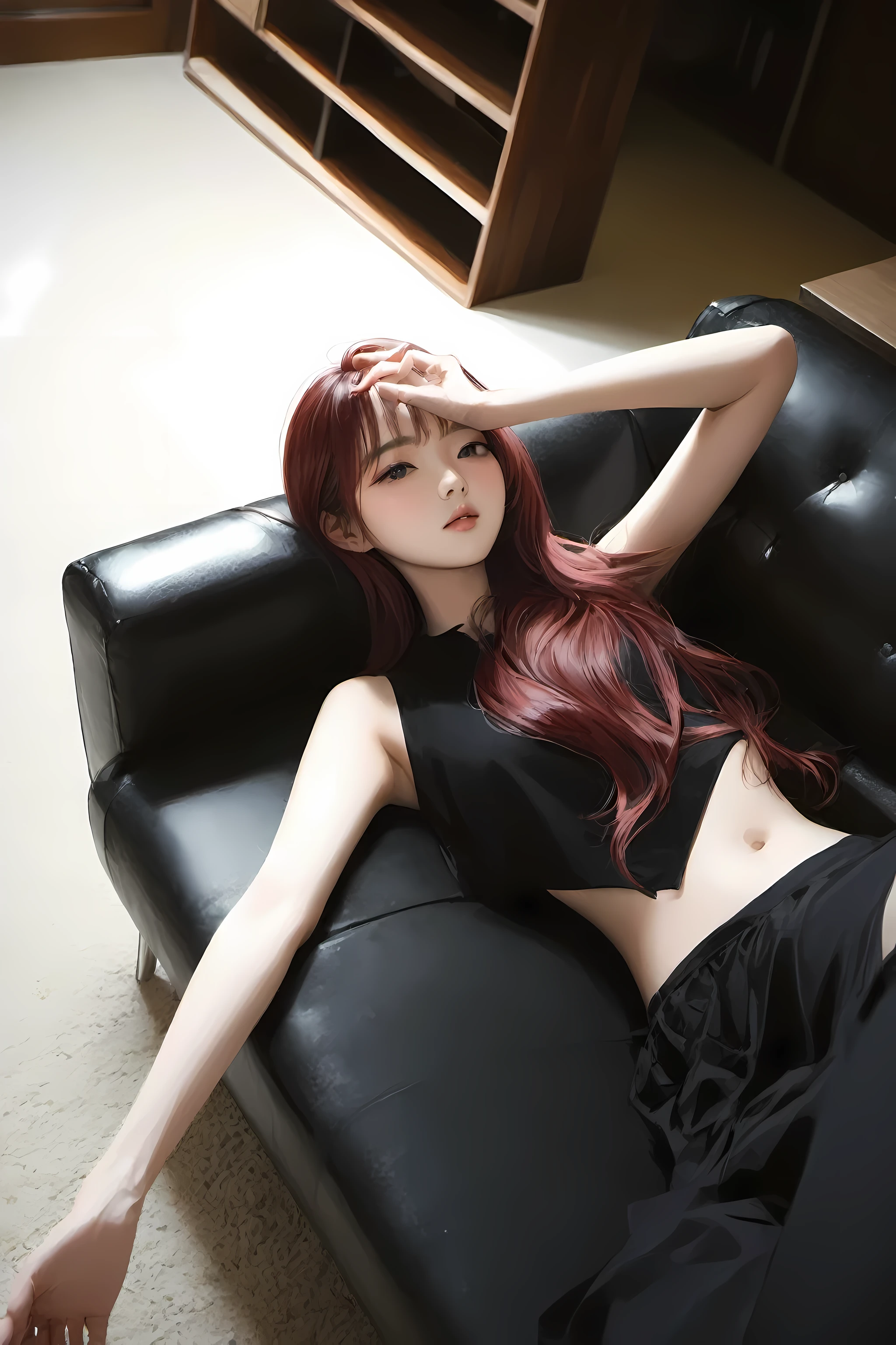 Araf woman lying on black sofa in room, gorgeous young korean woman, beautiful south korean woman, beautiful young korean woman, korean girl, Brutal Korean Goth Girl, korean woman, Korean female fashion model, Cui Xianhua, Asian girl with long hair, Urzan, long red hair, Sun Yunzhu, 