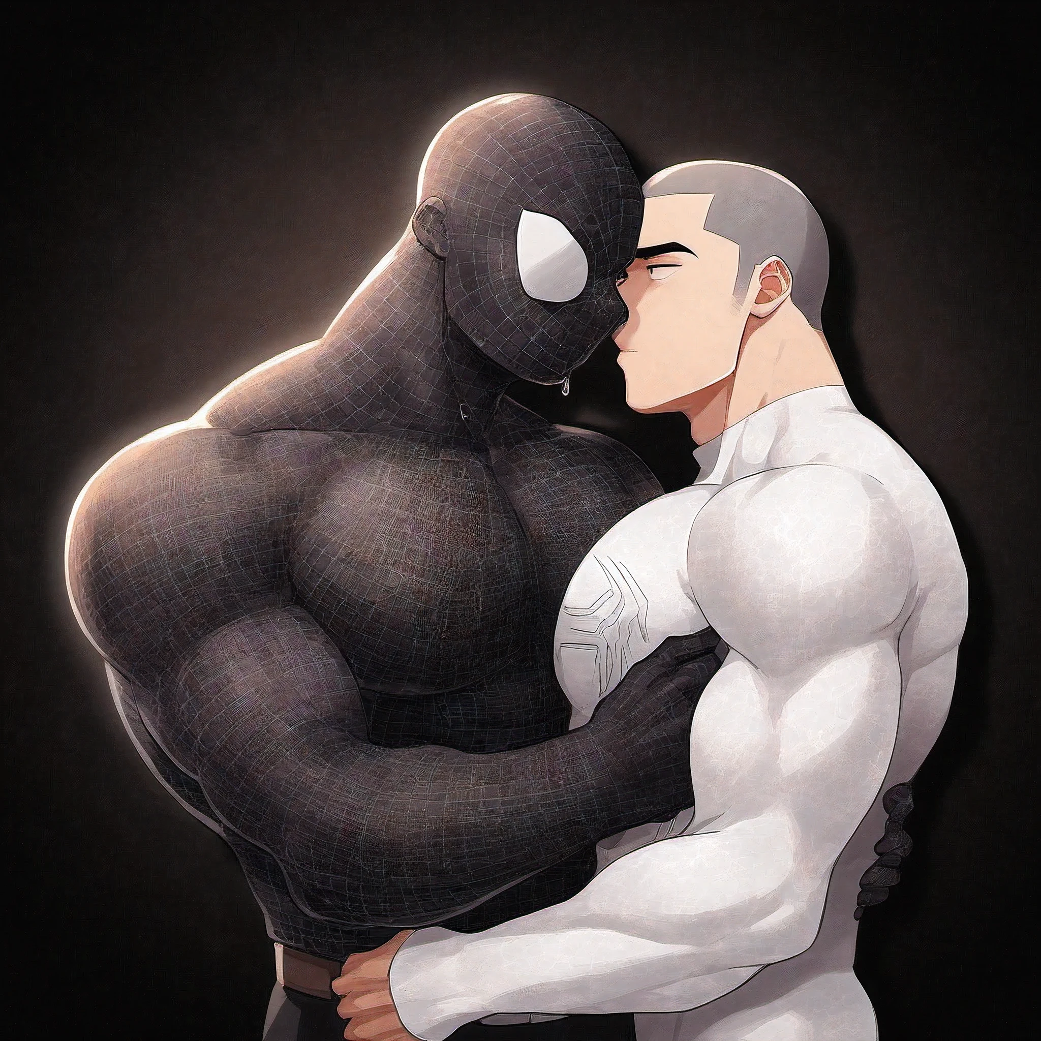 anime characters:White Spider-Man and Black Spider-Man, Affectionate embraces, Crazy kissing, Touching wantonly, Muscular Spider-Man, male focus, No Spider-Man Logo, Upper body, Buzz Cut, aged leather texture, He wears a White tights, small grid texture, spiderman mask, Spider-Man logo, muscular male, Extra large breasts, only, alone, Black background, simple background, amazing quality, best aesthetics, Ridiculous, crew cut, drop shadow, best quality