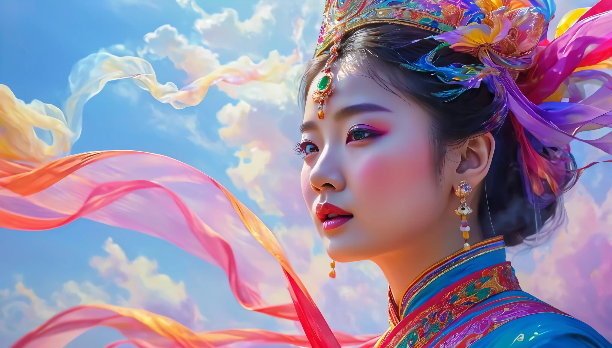 Chinese woman, face close-up, soaring female figure made of ribbons, smoke, in the sky, colorful and bright, mystical colors, modern impressionism, portraiture Yanjun Cheng, iridescent painting, 3/4 perspective view, cute face, low angle, wide swirling composition, big beautiful crystal eyes, large iris, UHD, HDR, 8K, (Masterpiece: 1. 5), (World's most beautiful portrait: 1.5) and Very beautiful Spiritual female in sari worshiping god in divine forests