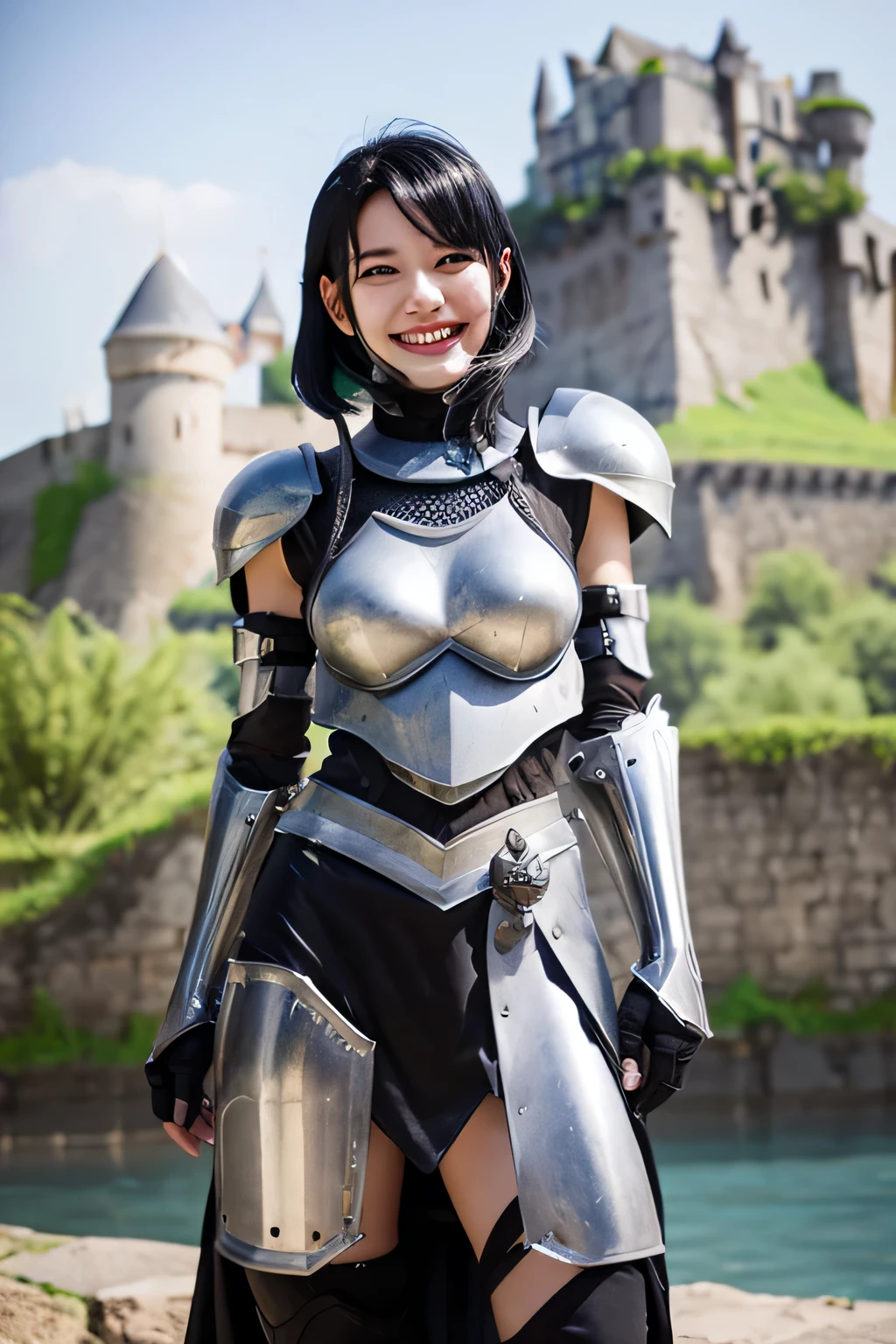 highest quality、４Ｋ、The background is a castle、slender body shape、female knight、black hair、smile、beautiful teeth、hairstyle shortcut、ear piercing、full body photo、Luxurious Silver Armor、Helmet on head