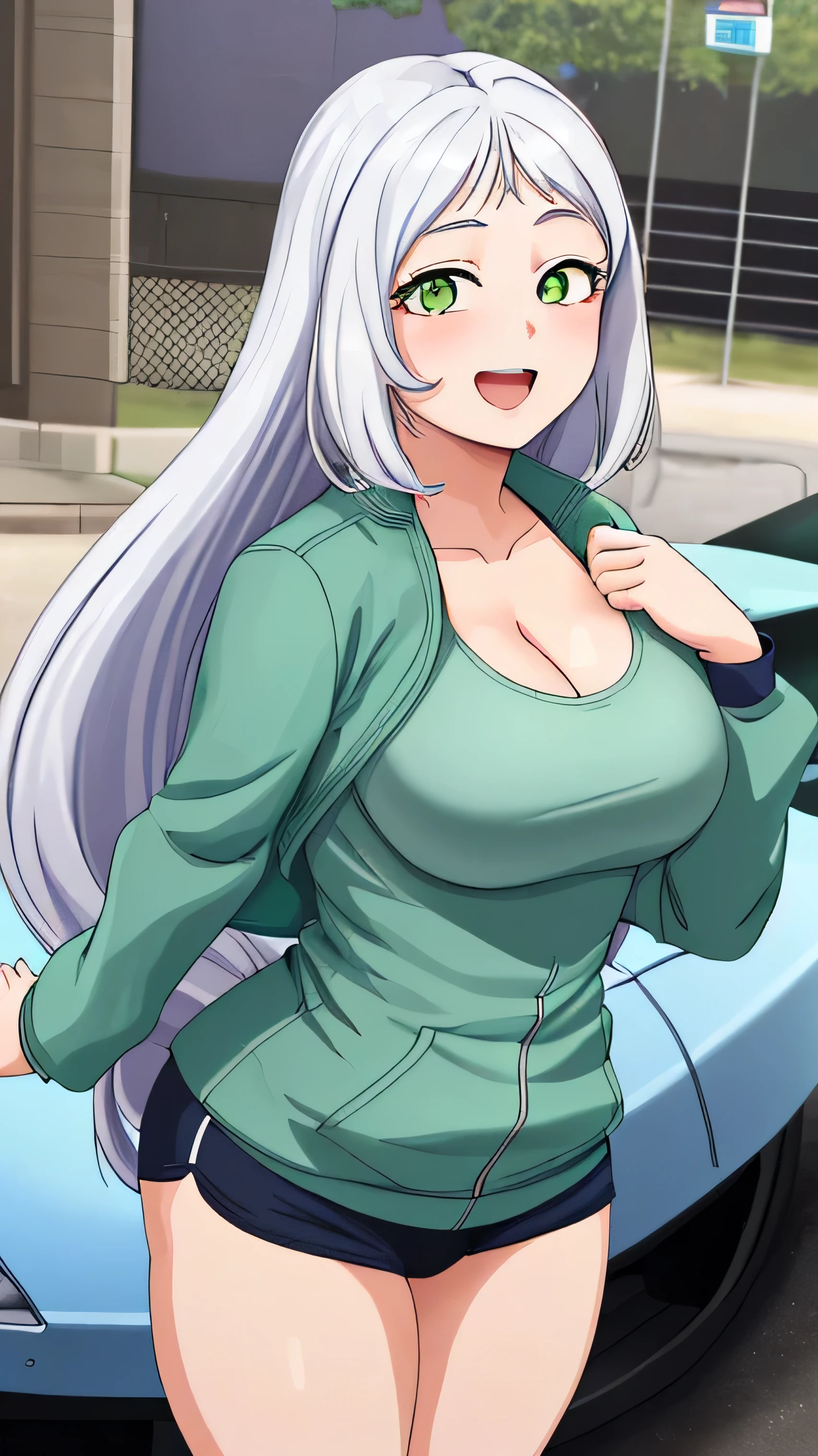 (((masterpiece))),fuyumi itadori, Anime girl characters, 1girl, solo, looking at viewer, medium long hair, white hair,green eyes, long sleeves, cleavage, bigger breasts, open mouth, collarbone, jacket, open clothes, open jacket, blue jacket, ground vehicle, sports bra, tall girl, horny, big ass, beautiful face,Charming, Tight-fitting clothing, hd picture, 4k quality, details of the face is so good,uhd picture, smile face, Flirting,All bodies visible, Standing pose,stand, details of face,