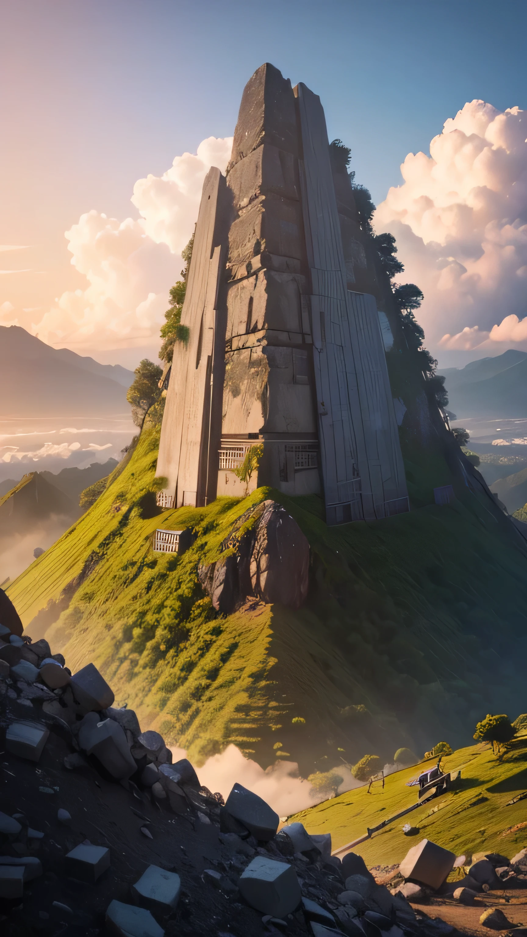Mount Padang, Indonesia, megalithic site, rubble collapsed around it, 8k, high resolution