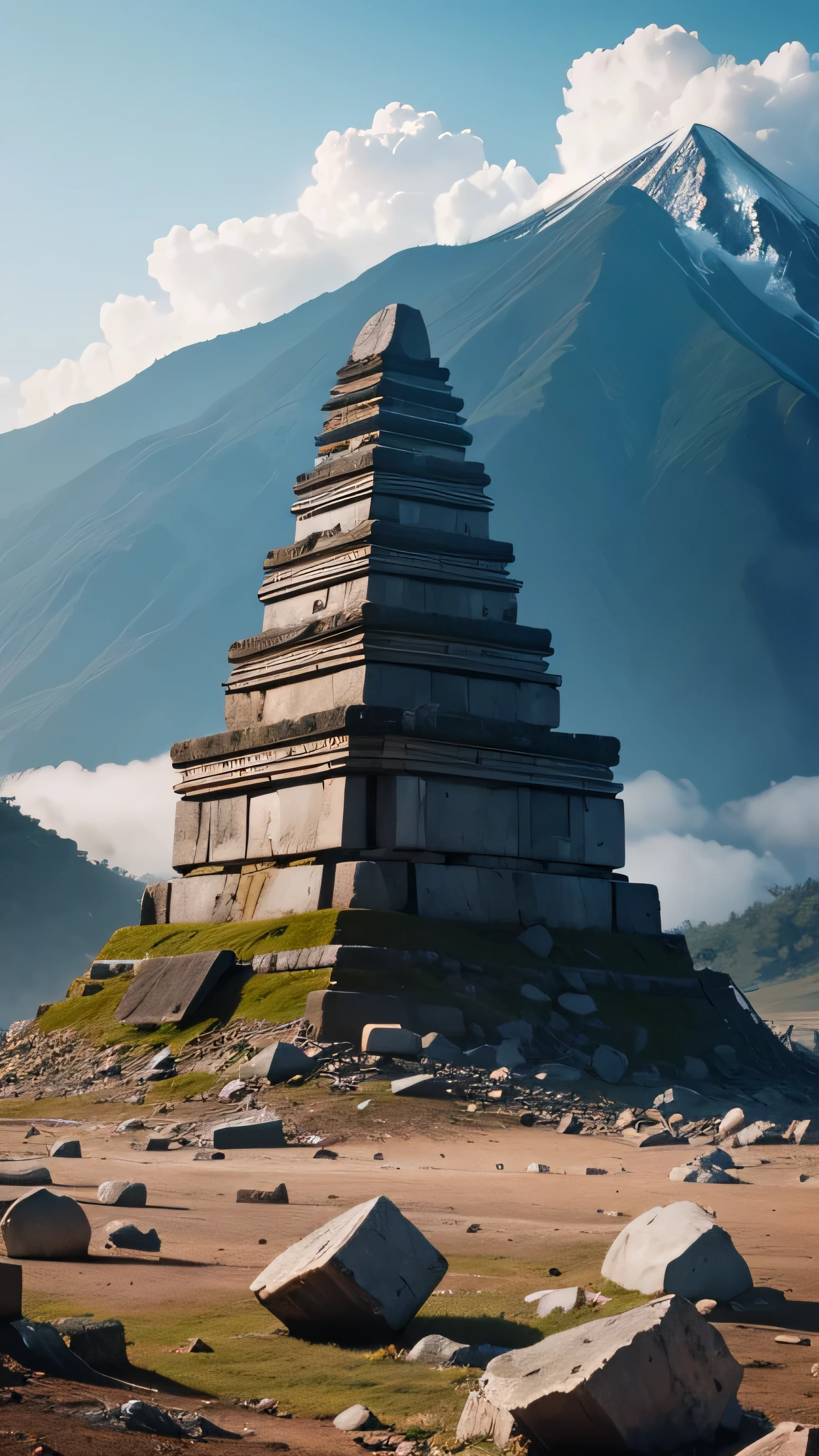 Mount Padang, Indonesia, megalithic site, rubble collapsed around it, no building, 8k, high resolution