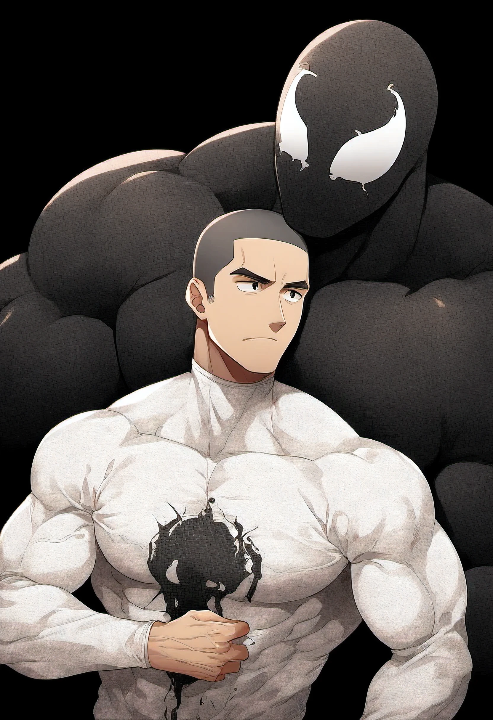 anime characters：White Spider-Man and Black Venom, Affectionate embraces, Crazy kissing, Touching wantonly, Muscular Spider-Man, Wrapped in mucus, male focus, No Spider-Man Logo, Upper body, Buzz Cut, aged leather texture, He wears a White tights, small grid texture, spiderman mask, Spider-Man logo, muscular male, Extra large breasts, only, alone, Black background, simple background, amazing quality, best aesthetics, Ridiculous, crew cut, drop shadow, best quality