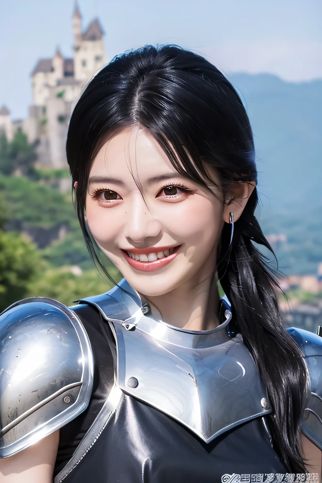 highest quality、４Ｋ、The background is a castle、slender body shape、female knight、black hair、smile、beautiful teeth、hairstyle shortcut、ear piercing、full body photo、Luxurious Silver Armor、