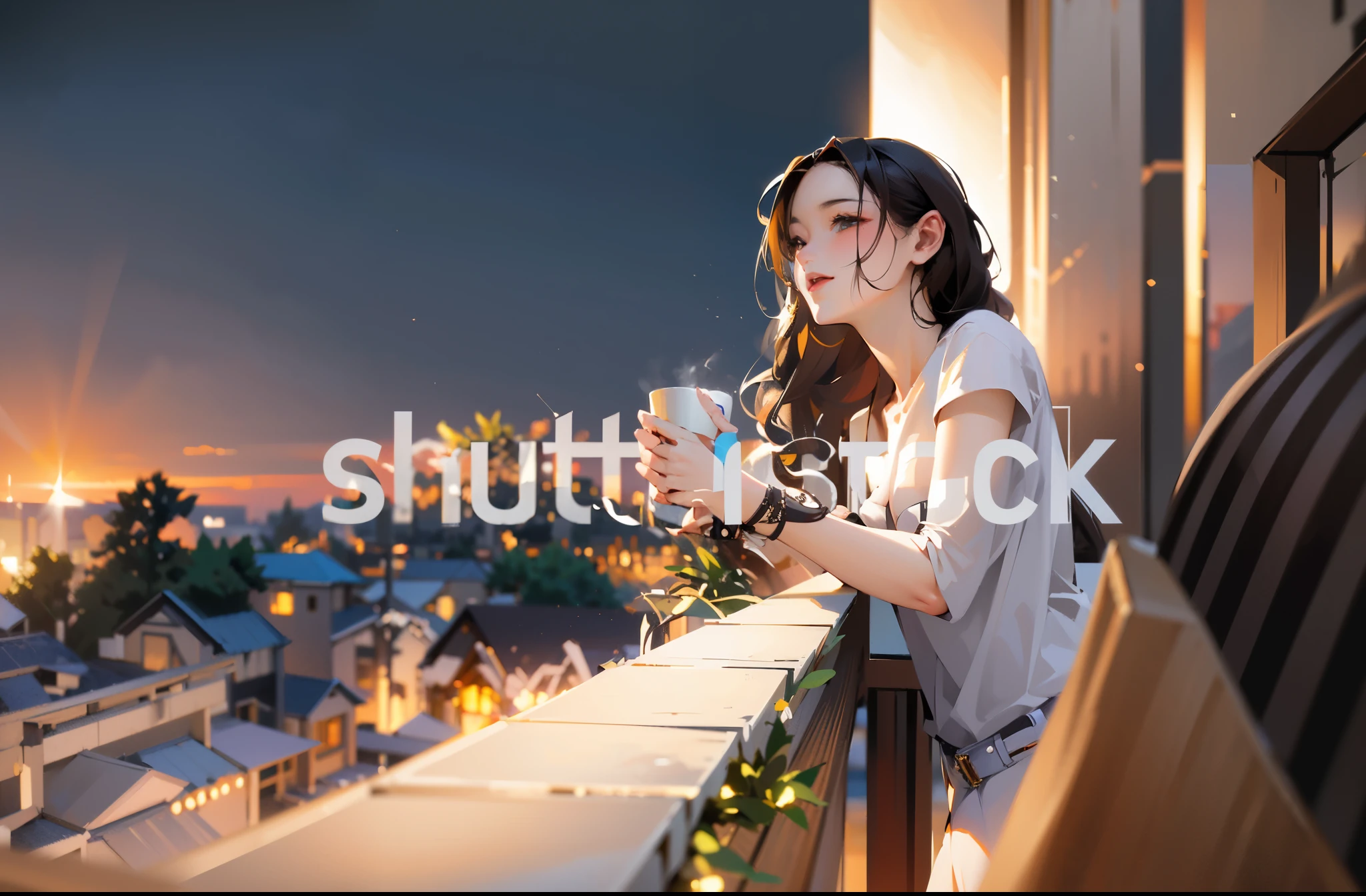 woman on balcony with cup of coffee and cell phone, shutter stock, on a balcony, balcony,Night view and coffee, balcony scene, beautiful scenery, 1614572159, on the terrace, checking her phone, Sit back, relax and be happy, drinking coffee, Single Image, photo shoot, mix art、16:9 images、4K image