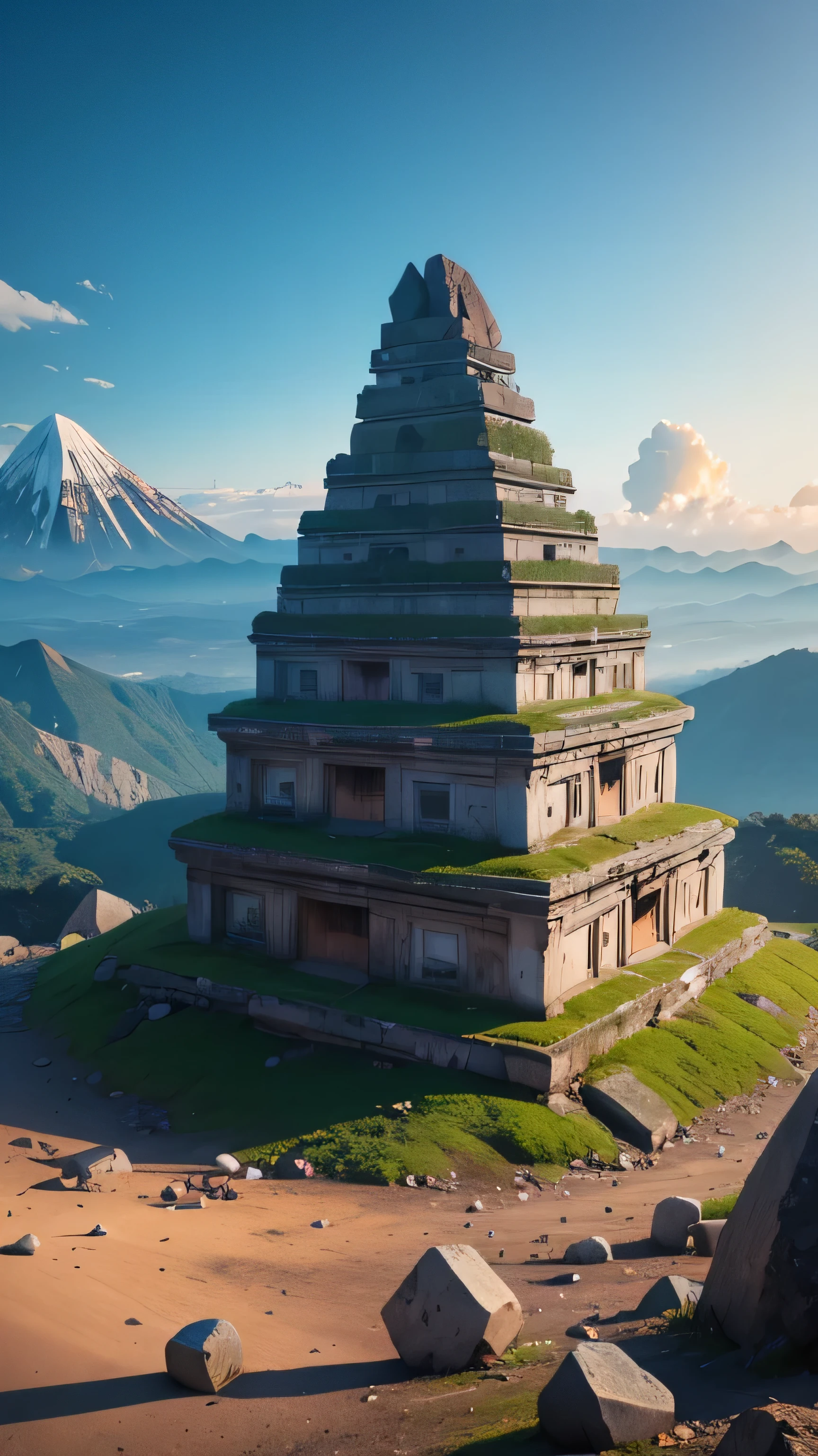 Mount Padang, Indonesia, megalithic site, rubble collapsed around it, 8k, high resolution 